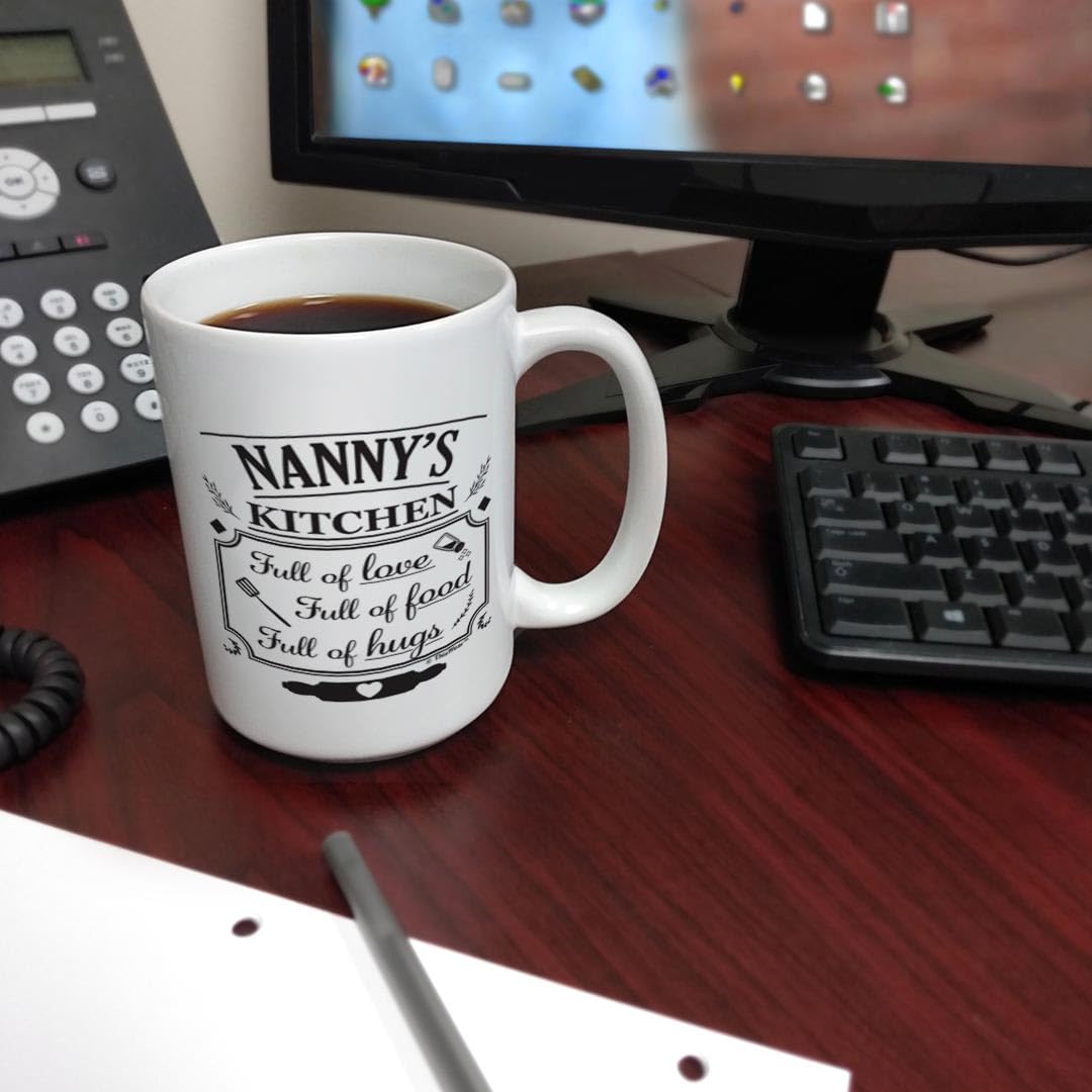 Best 15oz Ceramic Coffee Mug for Nanny - Mother's Day Gift with 'Nanny's Kitchen Full of Love' Design - Perfect for Coffee, Tea & Hot Chocolate at Home or Office