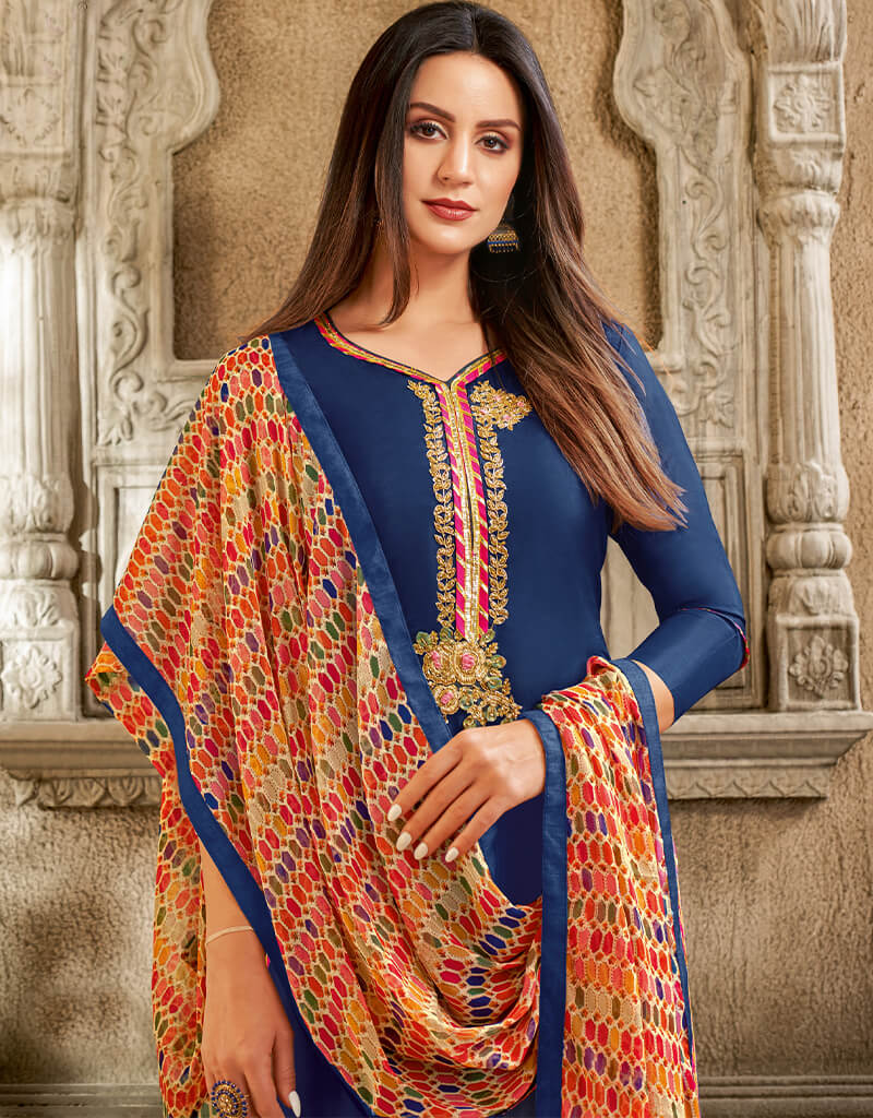 Blue Chanderi Cotton Chudidar Salwar Suits for Women - Traditional Indian Ethnic Wear for Festivals, Weddings & Special Occasions