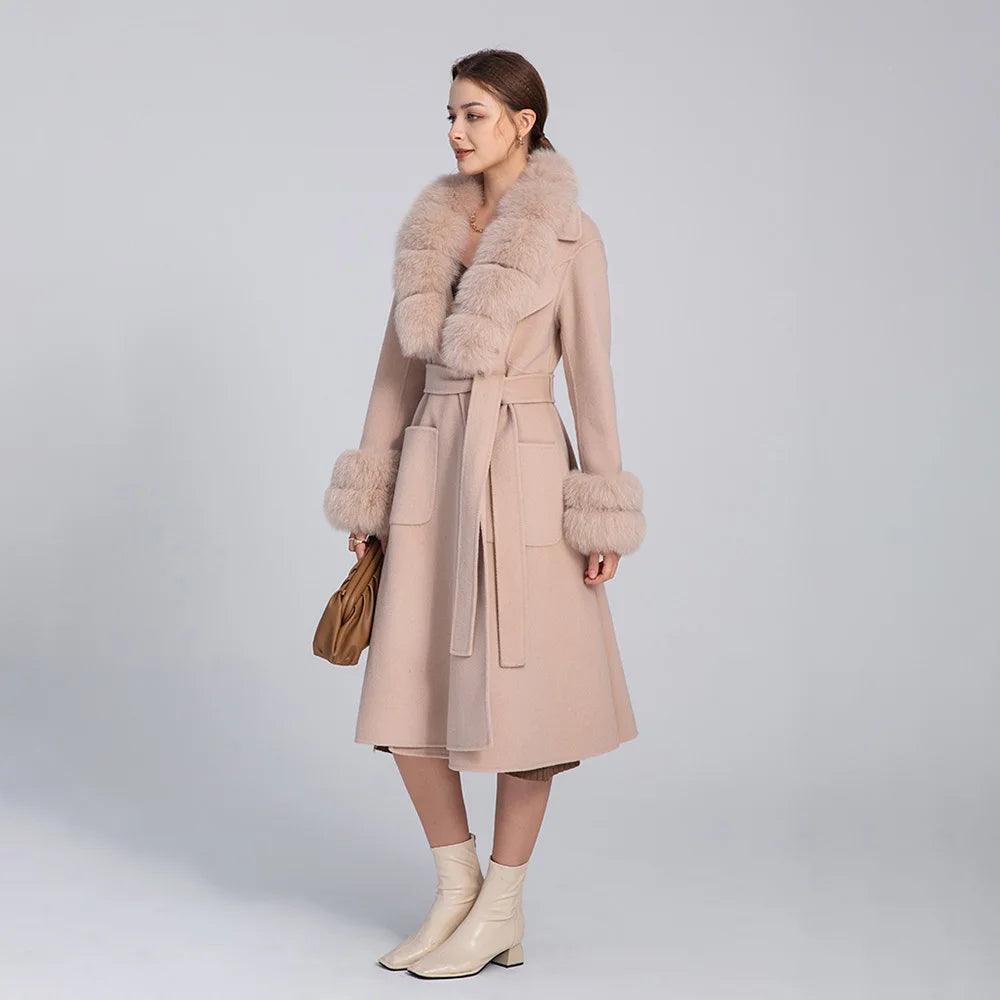 Luxury Women's Long Wool Coat with Detachable Fox Fur Collar - Winter Warm Elegant Trench Coat for Office, Party & Formal Occasions