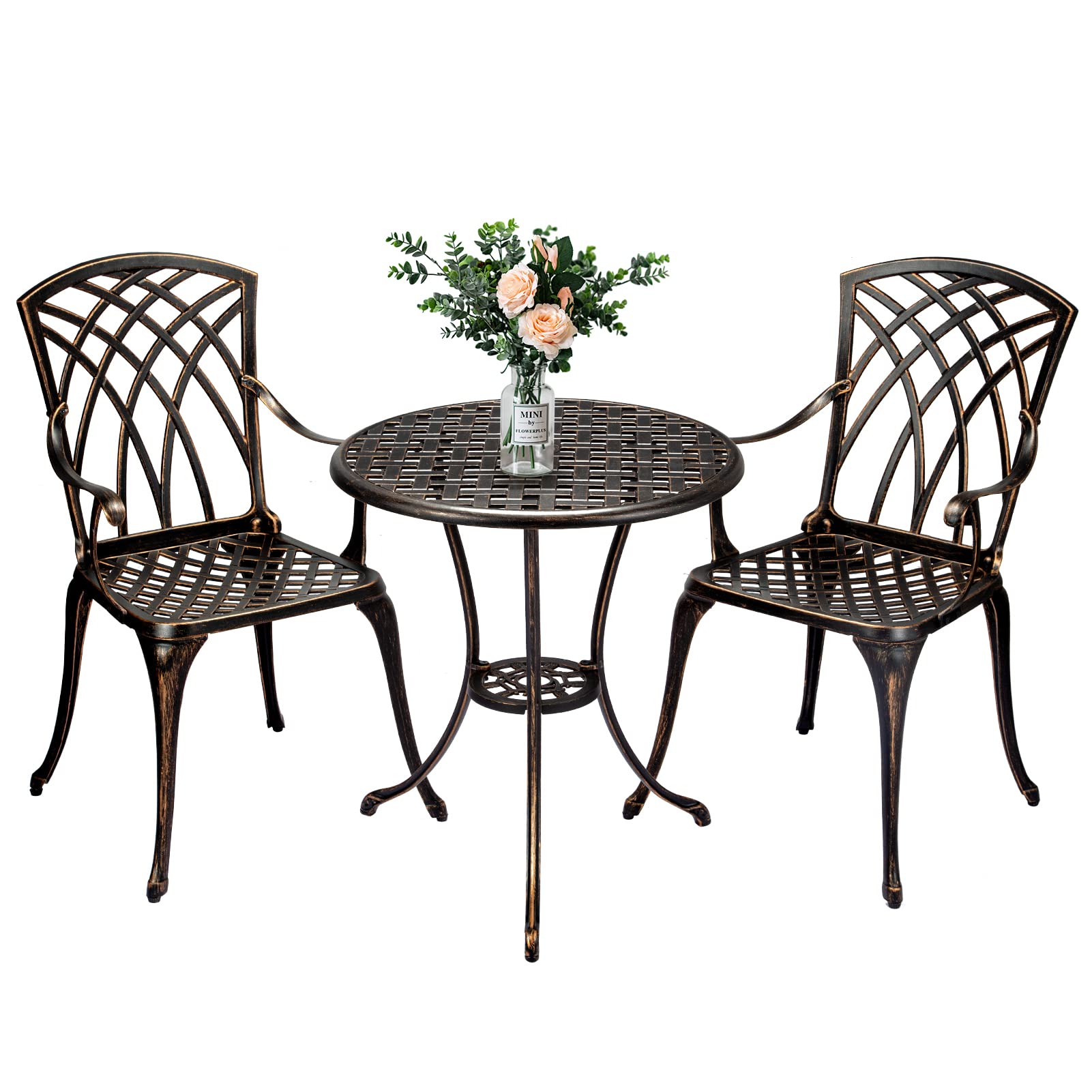 IDEALHOUSE 3-Piece Cast Aluminum Patio Bistro Set with Umbrella Hole - Rust-Resistant Outdoor Dining Table and Chairs for Garden, Backyard, Balcony - Indoor/Outdoor Use - Perfect for Morning Coffee, Outdoor Dining and Relaxing in Your Patio
