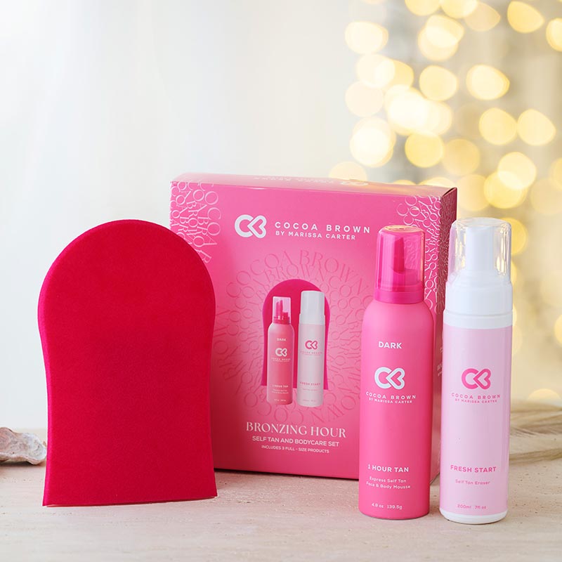 Marissa Carter Cocoa Brown Bronzing Hour Gift Set - Natural Tan Enhancer & Self Tanner Kit for Glowing Skin | Perfect for Vacations, Beach Trips & Special Occasions