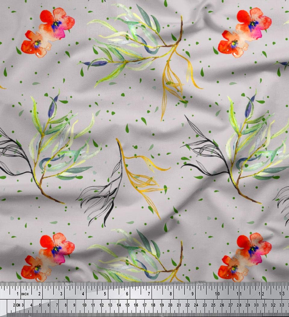 Soimoi Gray Viscose Chiffon Fabric - Watercolor Floral & Leaf Print - 42 Inch Wide by The Yard for DIY Dresses, Scarves & Home Decor