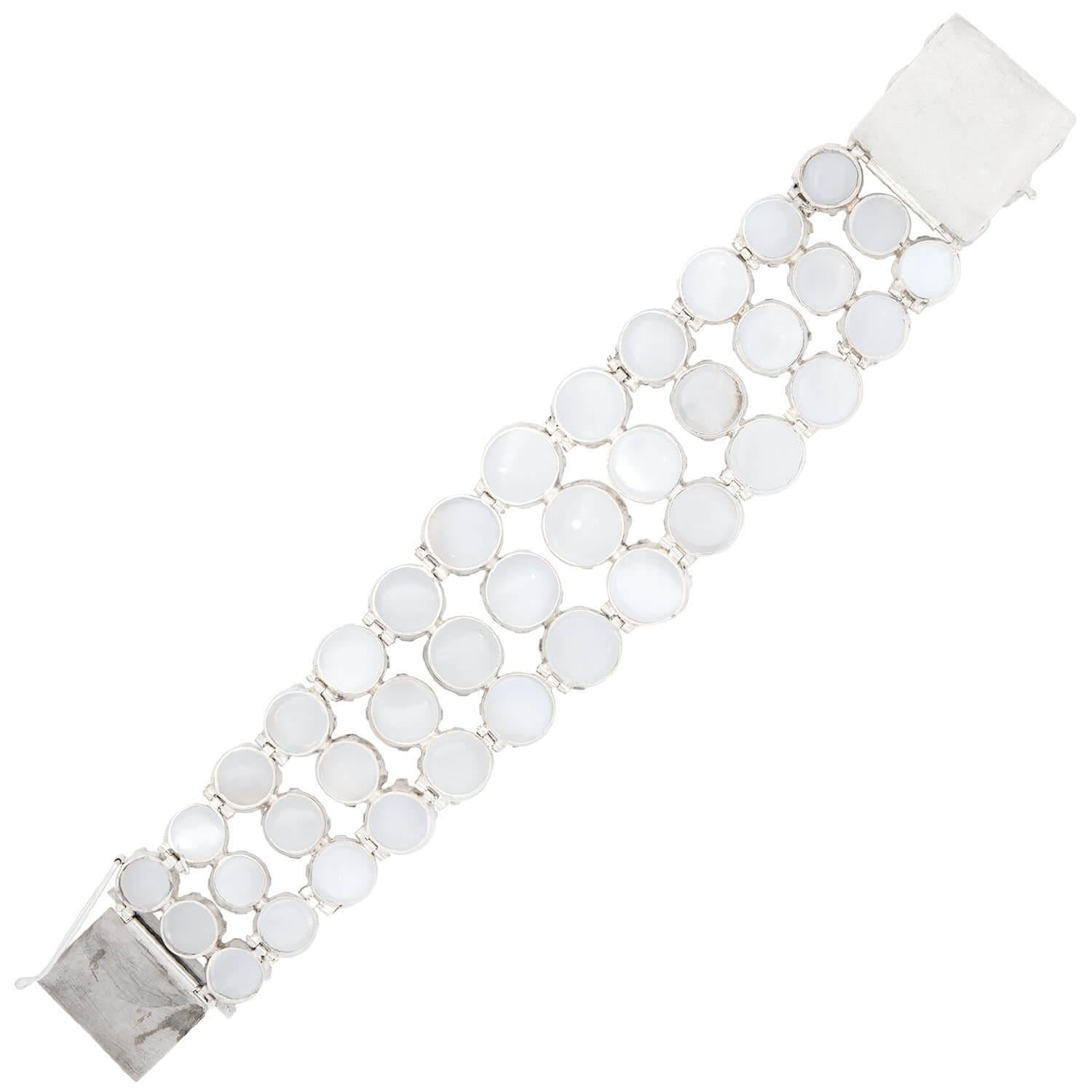 Vintage Sterling Silver Moonstone Wide Link Bracelet for Women - Elegant Boho Jewelry for Parties, Weddings & Everyday Wear