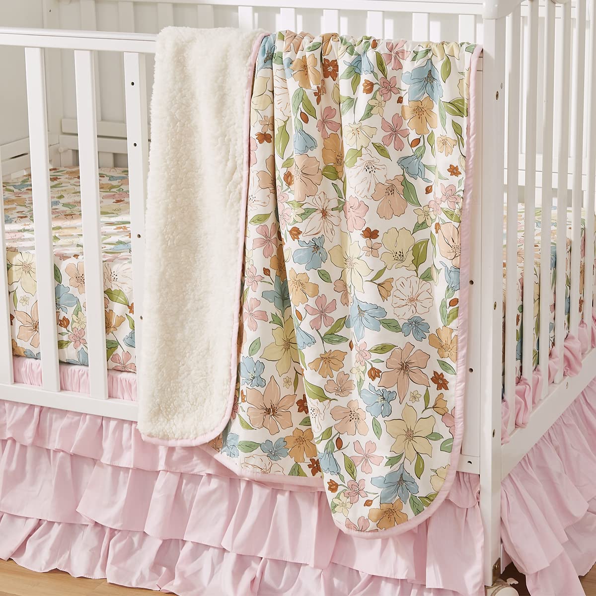 Brandream 6-Piece Floral Baby Crib Bedding Set for Girls - Pink Yellow Green Cotton Nursery Bedding with Blossom Flowers, Farmhouse Chic Style | Perfect for Newborn Nursery, Baby Shower Gift & Toddler Room Decor