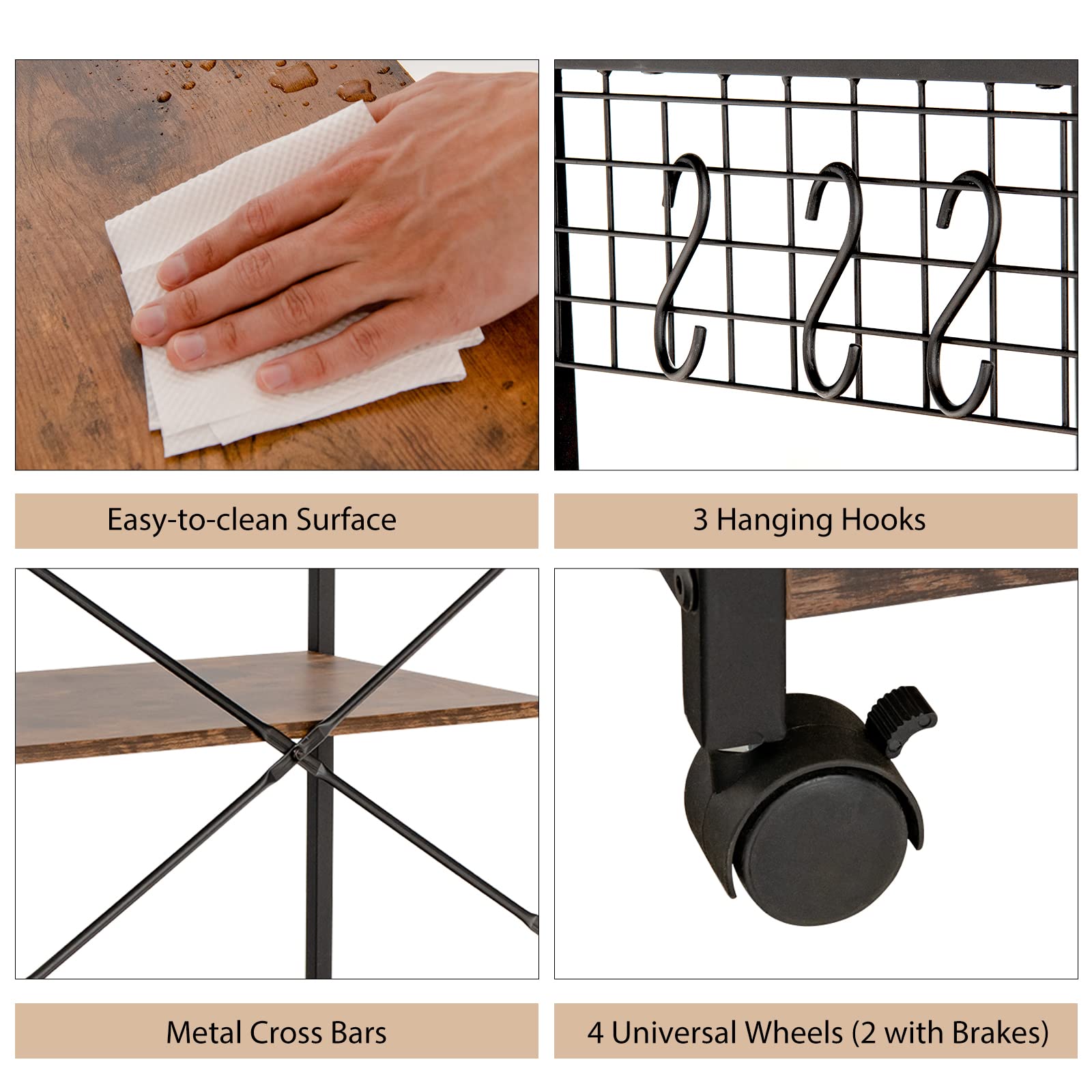 Giantex Industrial Rolling Kitchen Baker Rack with Wheels - 3 Hooks, Wood Shelves & Metal Frame - Microwave Stand, Storage Shelf for Dining Room & Pantry Organization (Rustic Brown) - Perfect for Small Kitchens, Bakeries & Home Storage Solutions