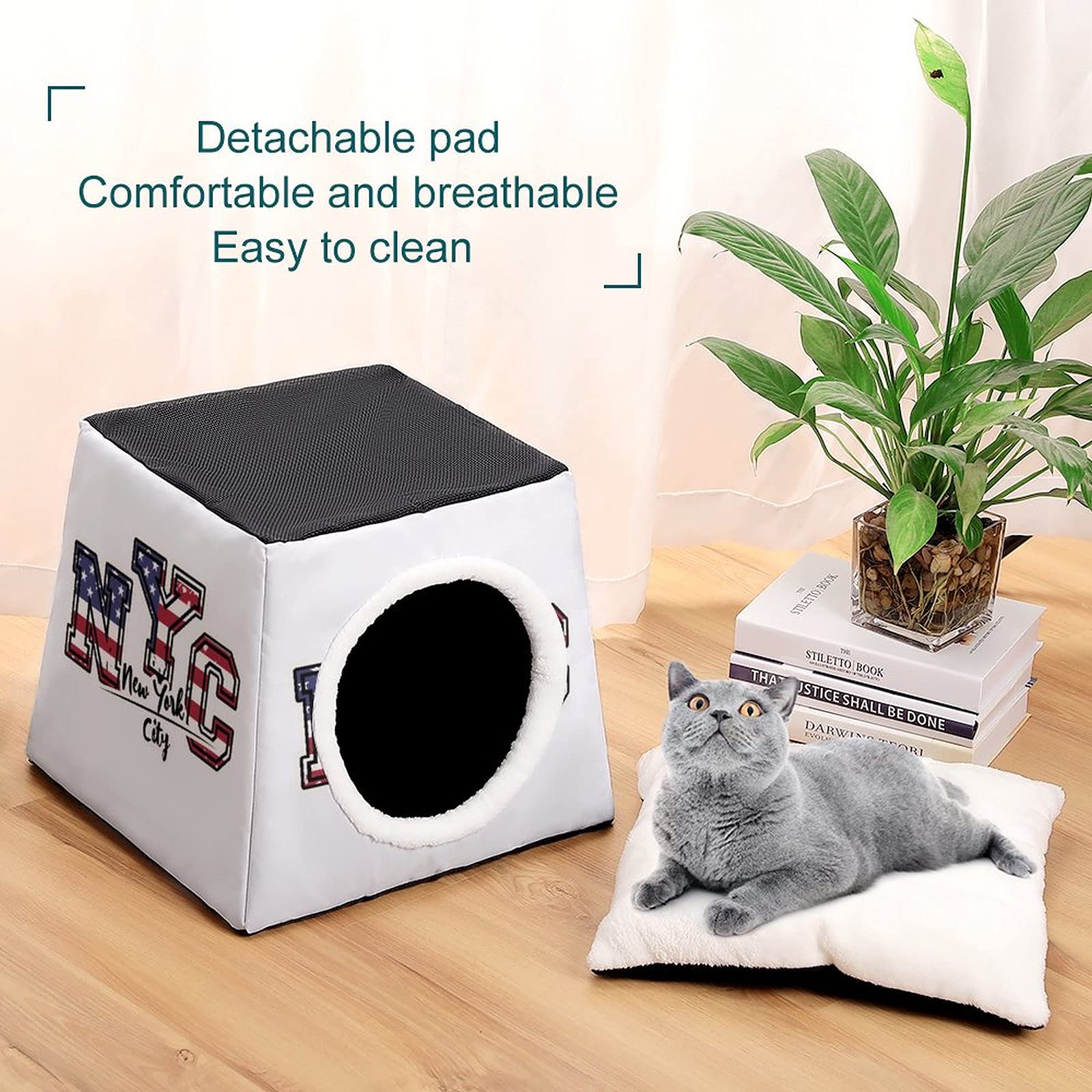 Cozy Printed Cat Cube Bed with Soft Pillow - Indoor Cat House & Small Dog Sofa | Perfect for Kitty Lounging & New York Style Pet Comfort