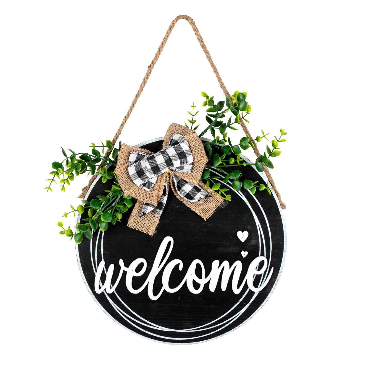 12x12 Inch Rustic Round Wood Welcome Sign with Artificial Greenery - Farmhouse Style Hanging Door Decor for Outdoor Porch, Front Door & Entryway - Perfect for Home, Cabin, Wedding & Seasonal Decor (Black)