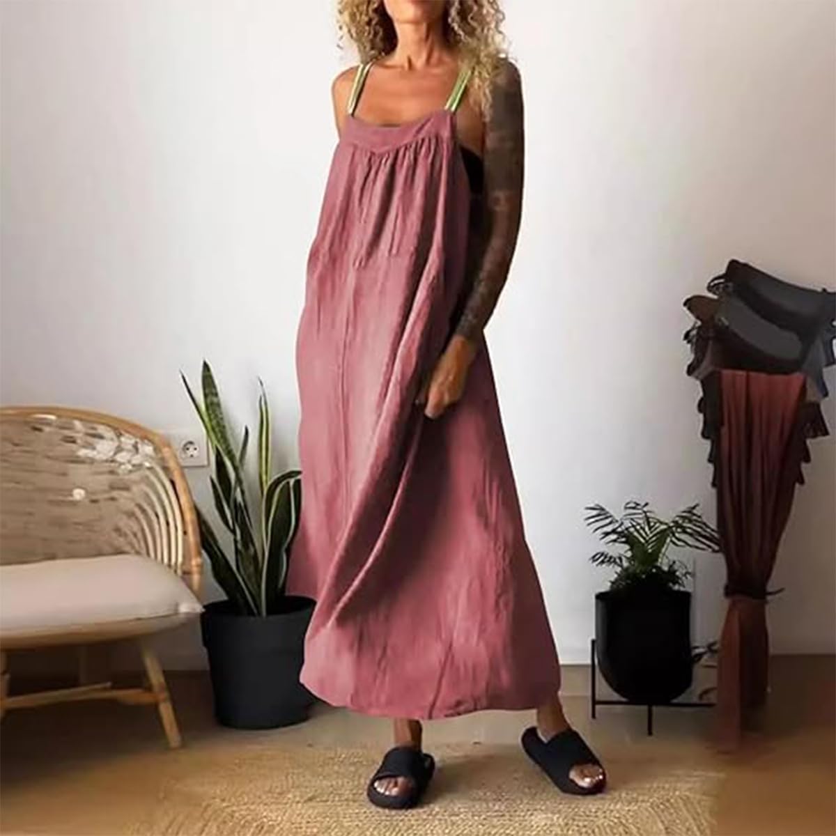 Women's Cotton Linen Sling Dress - Sleeveless Plus Size Summer Sundress with Pockets | Casual Beach Wear, Vacation Outfit & Boho Chic Dress for Women
