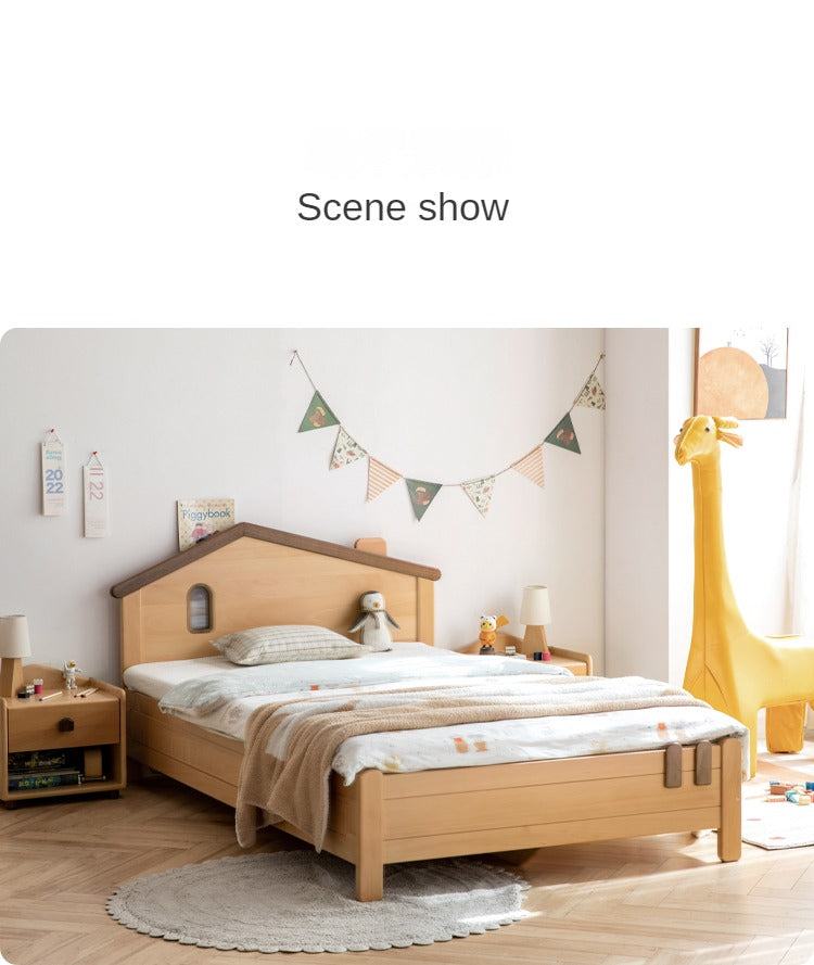 Kids Wooden Bed with Night Light - Beech & Poplar Little House Design with 15-Minute Auto Light Off - Perfect for Bedrooms, Playrooms & Cozy Sleep Spaces
