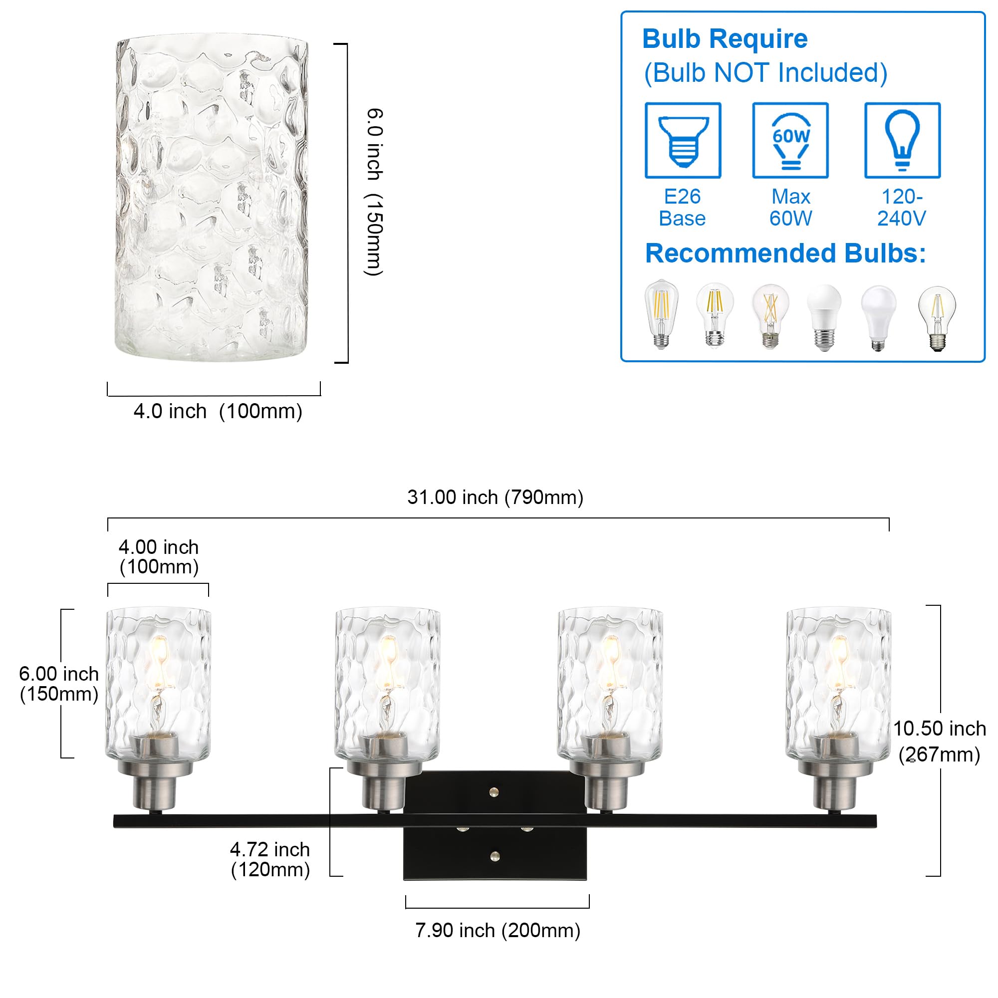 MELUCEE 4-Light Black Bathroom Vanity Light - 31 Inch Brushed Nickel Mirror Lighting with Clear Hammered Glass Shade - Dimmable Metal Wall Lamp for Bathroom, Kitchen, Dressing Room (Patent: US D963914 S) - Perfect for Modern Home Decor & Vanity Makeup Area