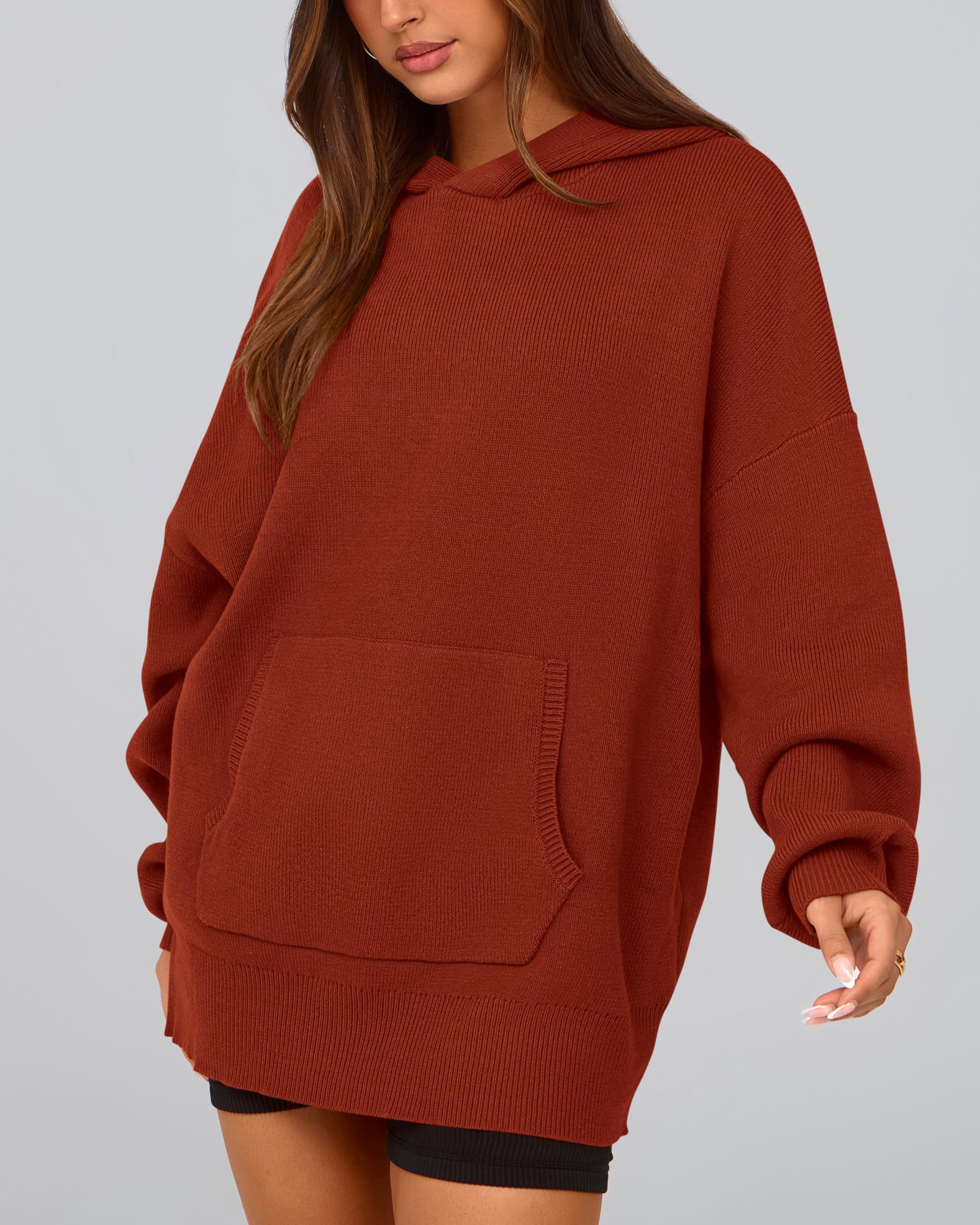 Dowerme Women's Oversized Chunky Knit Hooded Pullover Sweater with Pocket - Long Sleeve Drop Shoulder Lantern Sweater for Fall/Winter 2025 - Cozy Casual Wear for Outdoors, Work & Home