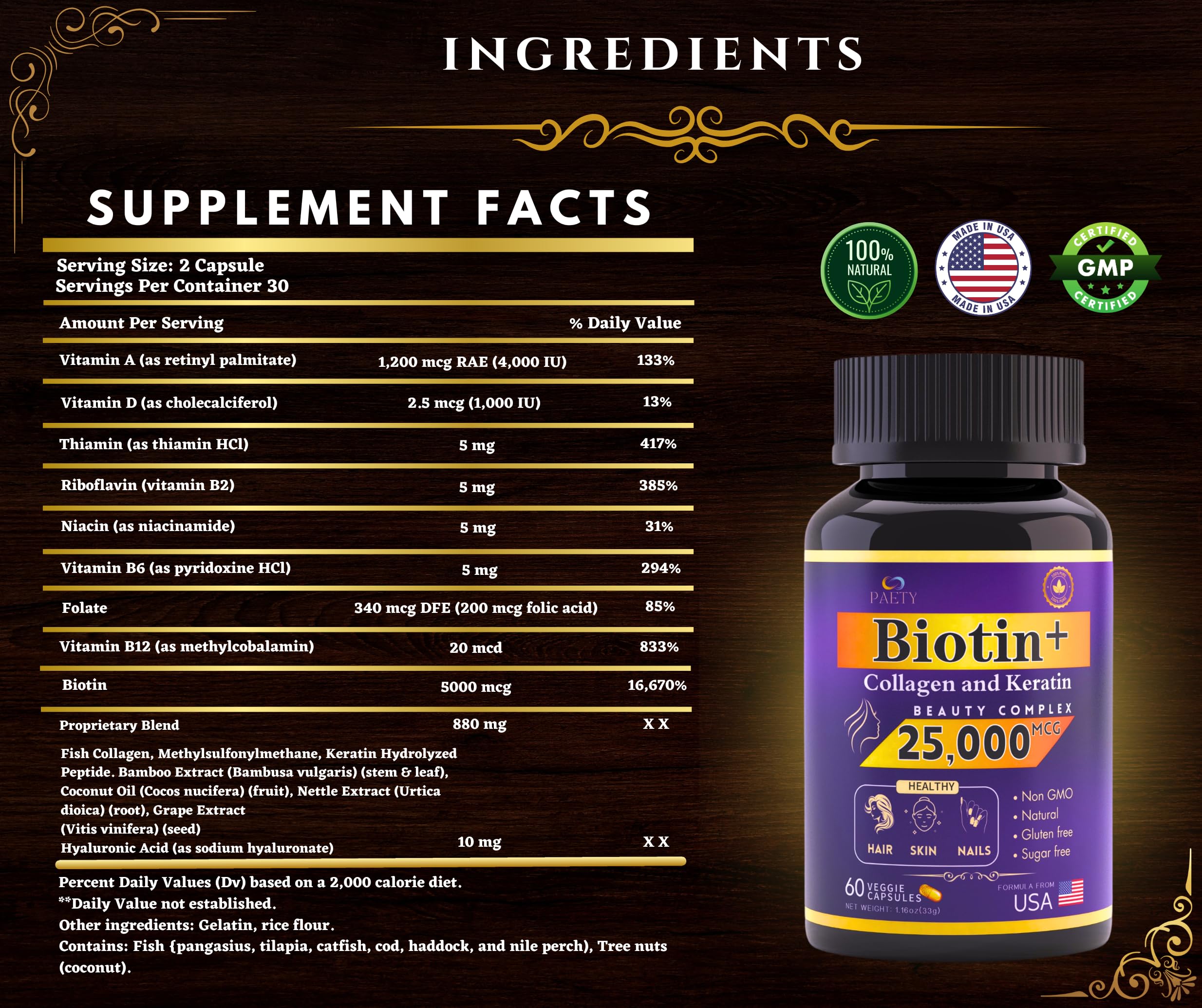 Biotin Collagen Keratin Complex 25000mcg with Hyaluronic Acid & B Vitamins - Clinically Proven Hair Skin & Nails Supplement - 60 Capsules for Women & Men - Promotes Healthy Hair Growth, Glowing Skin & Strong Nails - Perfect for Daily Beauty Routine & Anti-Aging Care