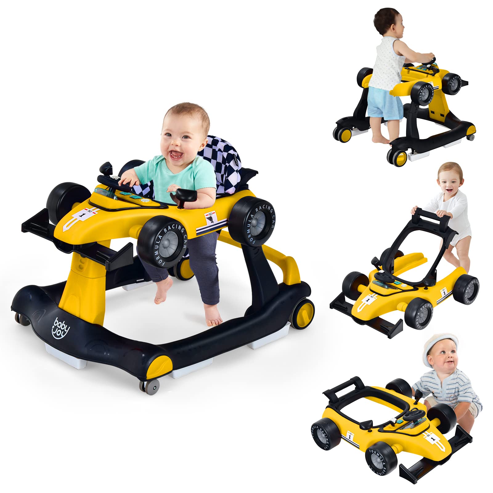 BABY JOY 4-in-1 Foldable Baby Walker with Adjustable Height & Speed - Interactive Music, LED Lights, Anti-Rollover Safety Design - Toddler Push Walker with Wheels for Boys & Girls 6-18 Months (Yellow) - Perfect for Learning to Walk, Indoor Play & Early Childhood Development