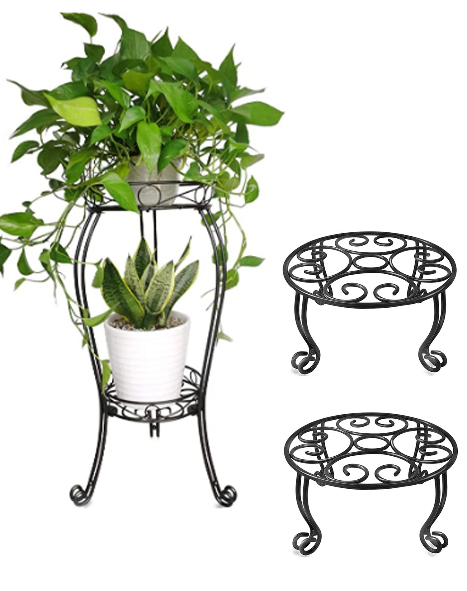 2 Tier 28.4 Inch Tall Metal Plant Stand - Set of 2 Indoor/Outdoor Flower Pot Holder with 6 Inch Height - Perfect for Balcony, Patio, Garden Decor and Home Plant Display