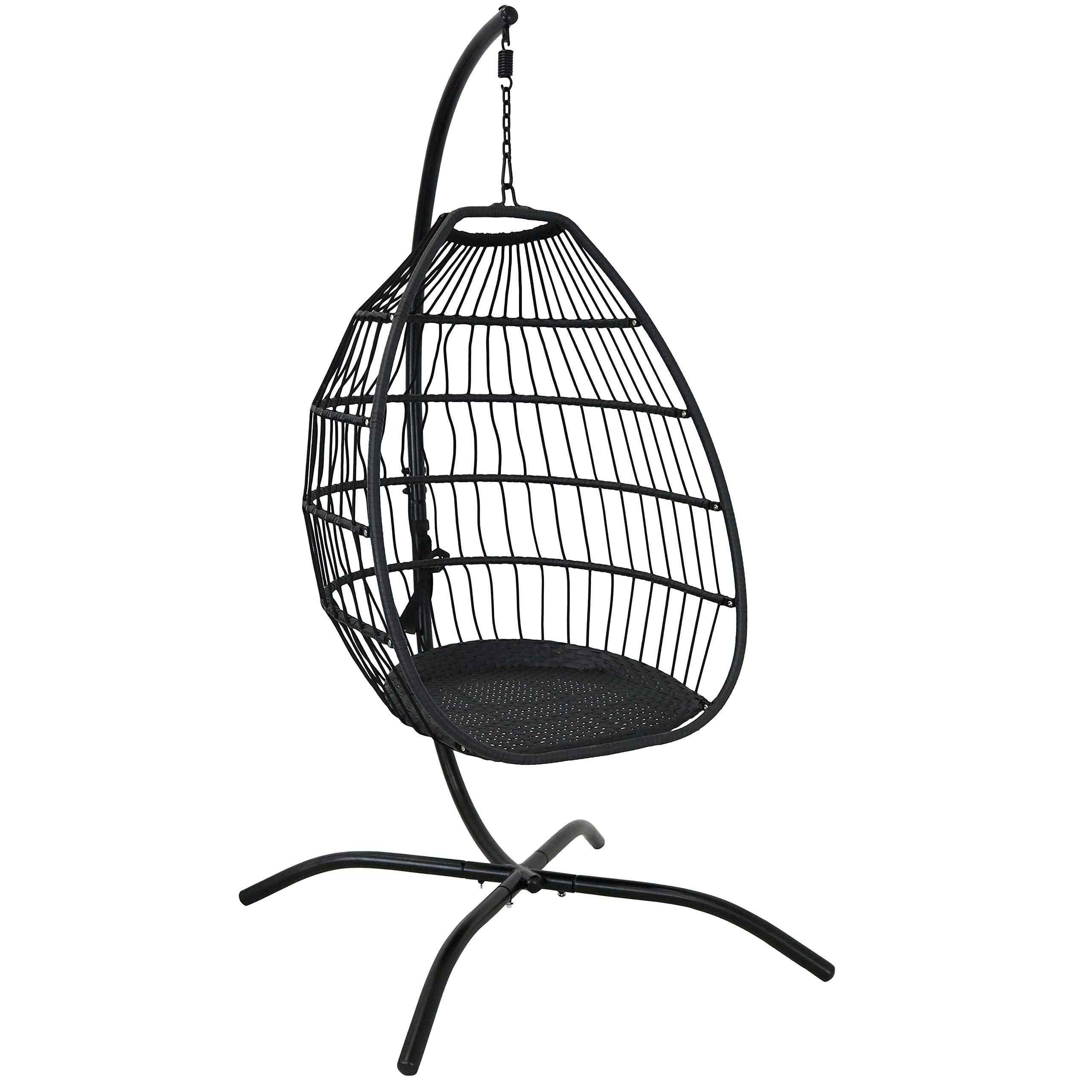 Sunnydaze Delaney Black Resin Wicker Hanging Egg Chair with Powder-Coated Steel Stand & Gray Polyester Cushions - 81