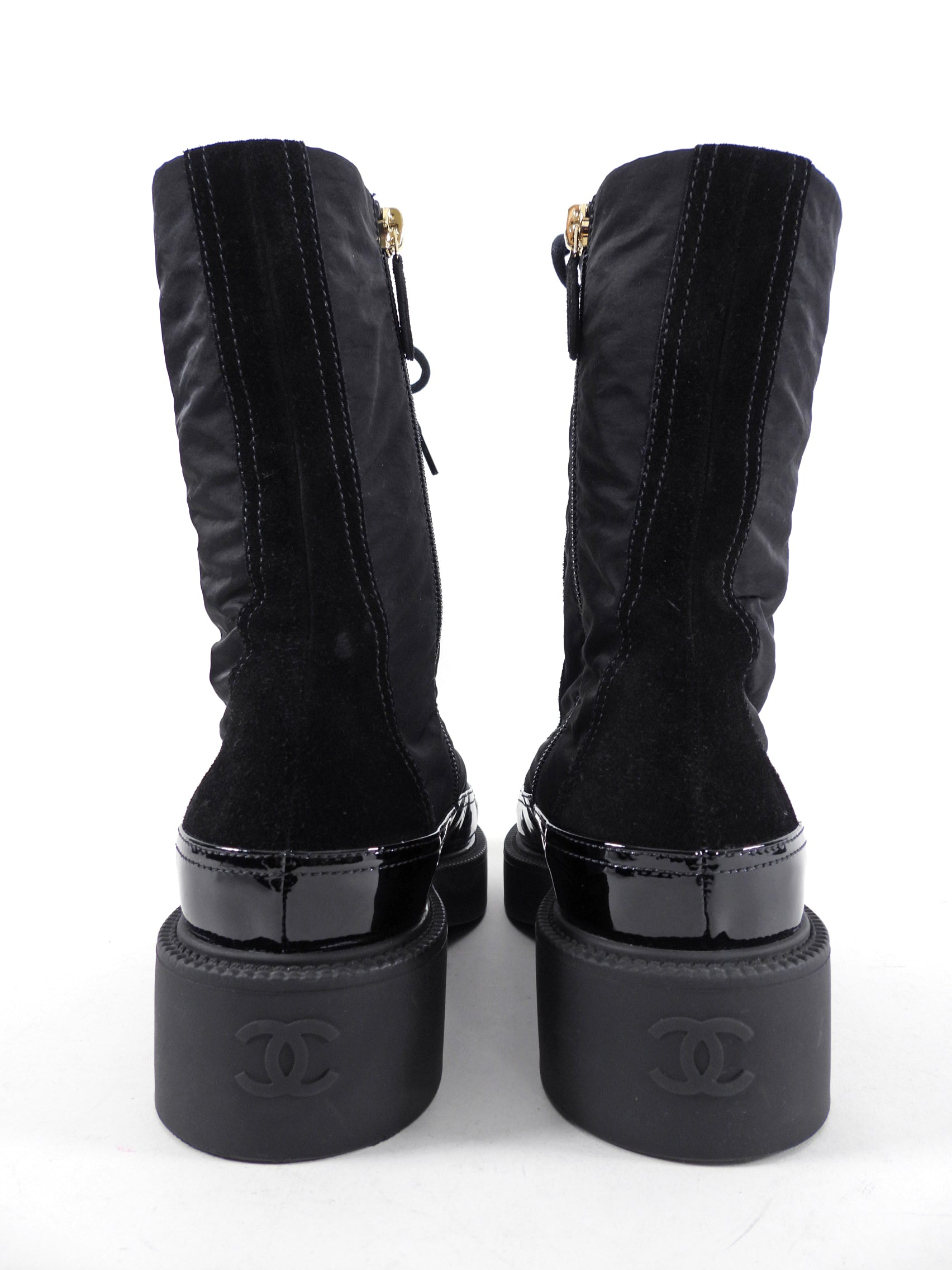 Chanel 2021 Combo Nylon Patent Leather Ankle Boots Women's Size 40.5 / US 9.5 - Fashionable Winter Boots for Casual Outfits & Street Style