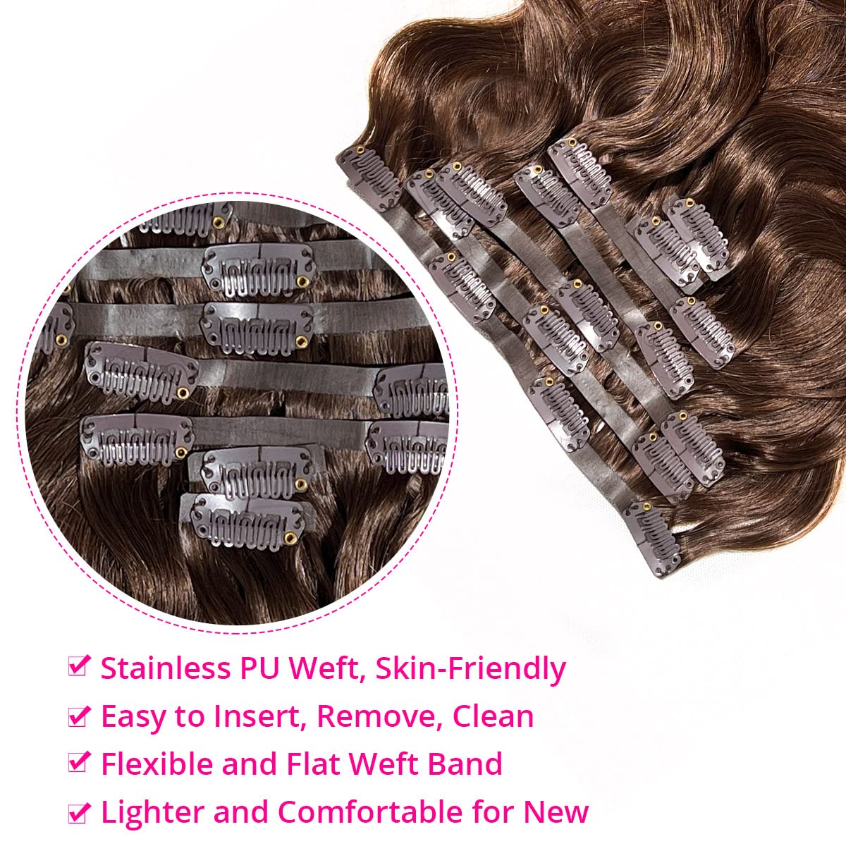 West Kiss Seamless Clip-In Human Hair Extensions - Soft & Bouncy PU Skin Weft, 100% Real Human Hair (Chocolate Brown, Body Wave, 7pcs, 120g, 20 Inch) for Volume & Length - Perfect for Parties, Weddings & Daily Styling