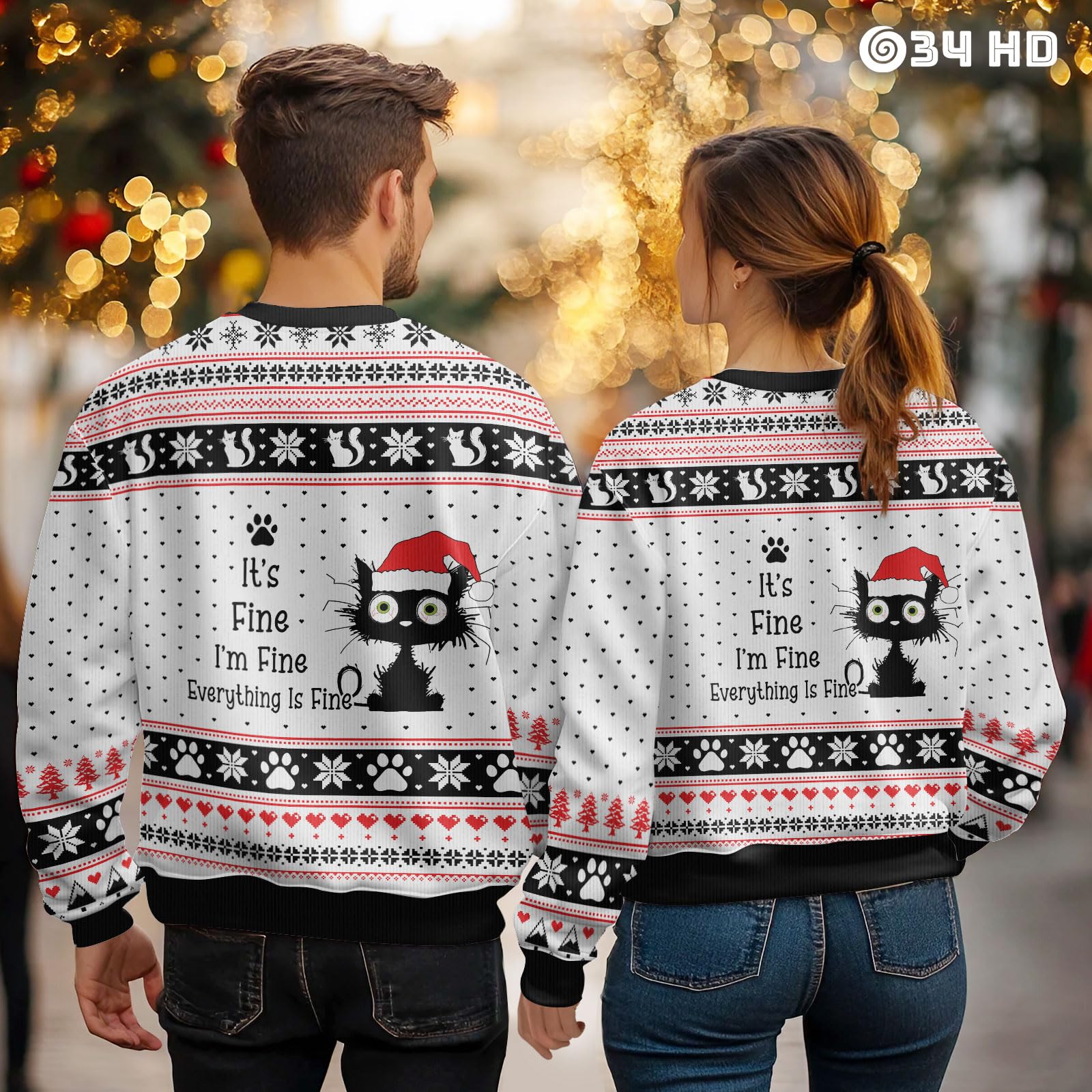 34HD Women's Cat Print Ugly Christmas Sweater - Long Sleeve Crewneck Cat Lover Gift for Holiday Parties & Festive Gatherings