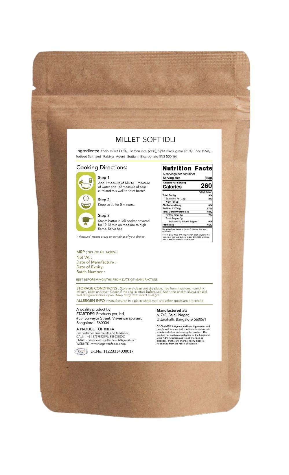 FORGOTTEN Foods Millet Soft Idli Mix - Instant Ready-to-Cook Idly Batter Breakfast Premix | Kodo Millets (Kodri, Varagu, Arikelu) | Gluten-Free, High Fiber, No Artificial Flavors | 400g Pack Makes 25 Idlis | Perfect for Quick Breakfast, Healthy Snacks & Vegan Meals