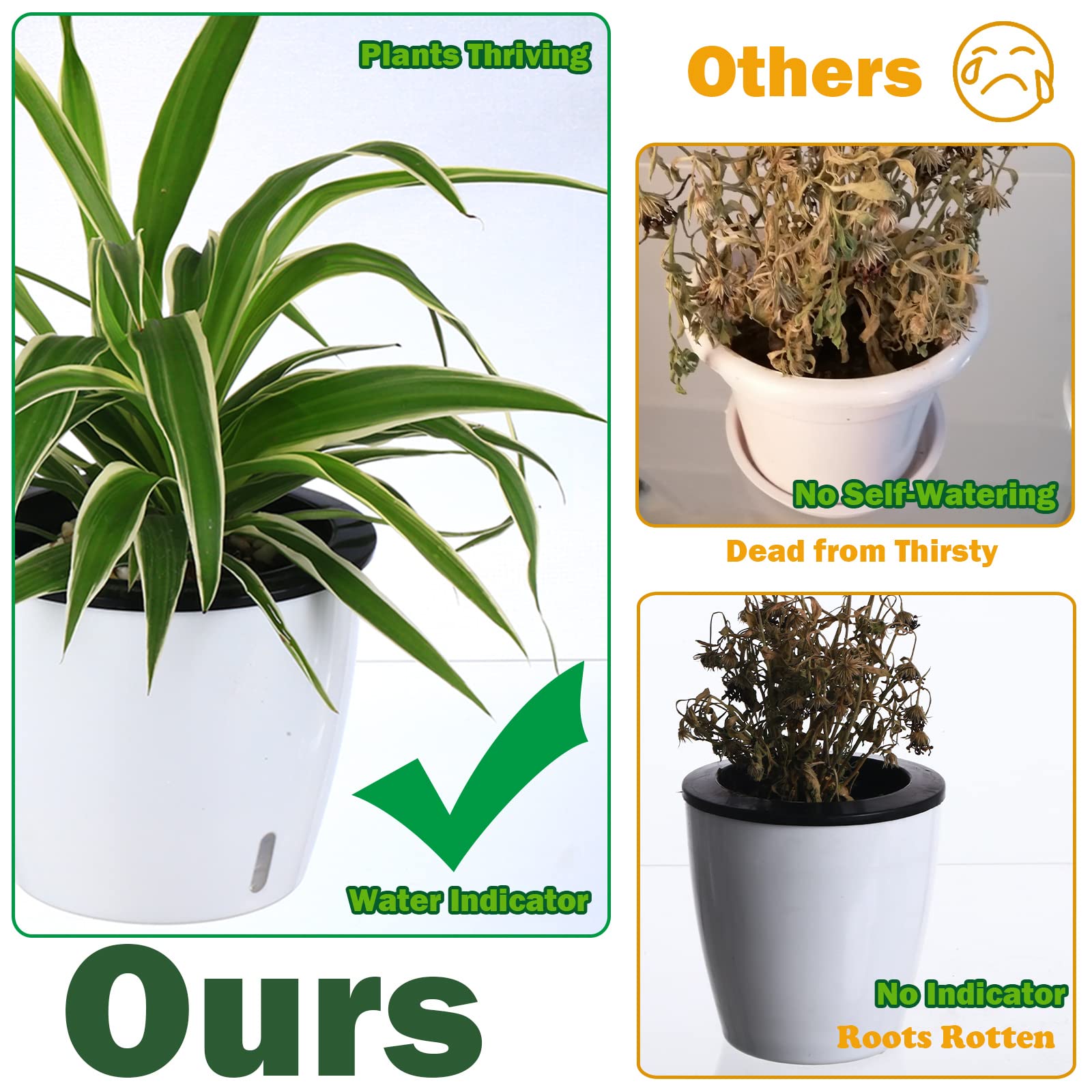 Planterhoma 5 Inch Self Watering Plant Pots - 6 Pack African Violet Pots with Water Level Indicator, Drainage Holes & Wick System - Ideal for Orchids, Devil's Ivy, Succulents & Indoor Plants - Perfect for Home, Office & Garden Decor