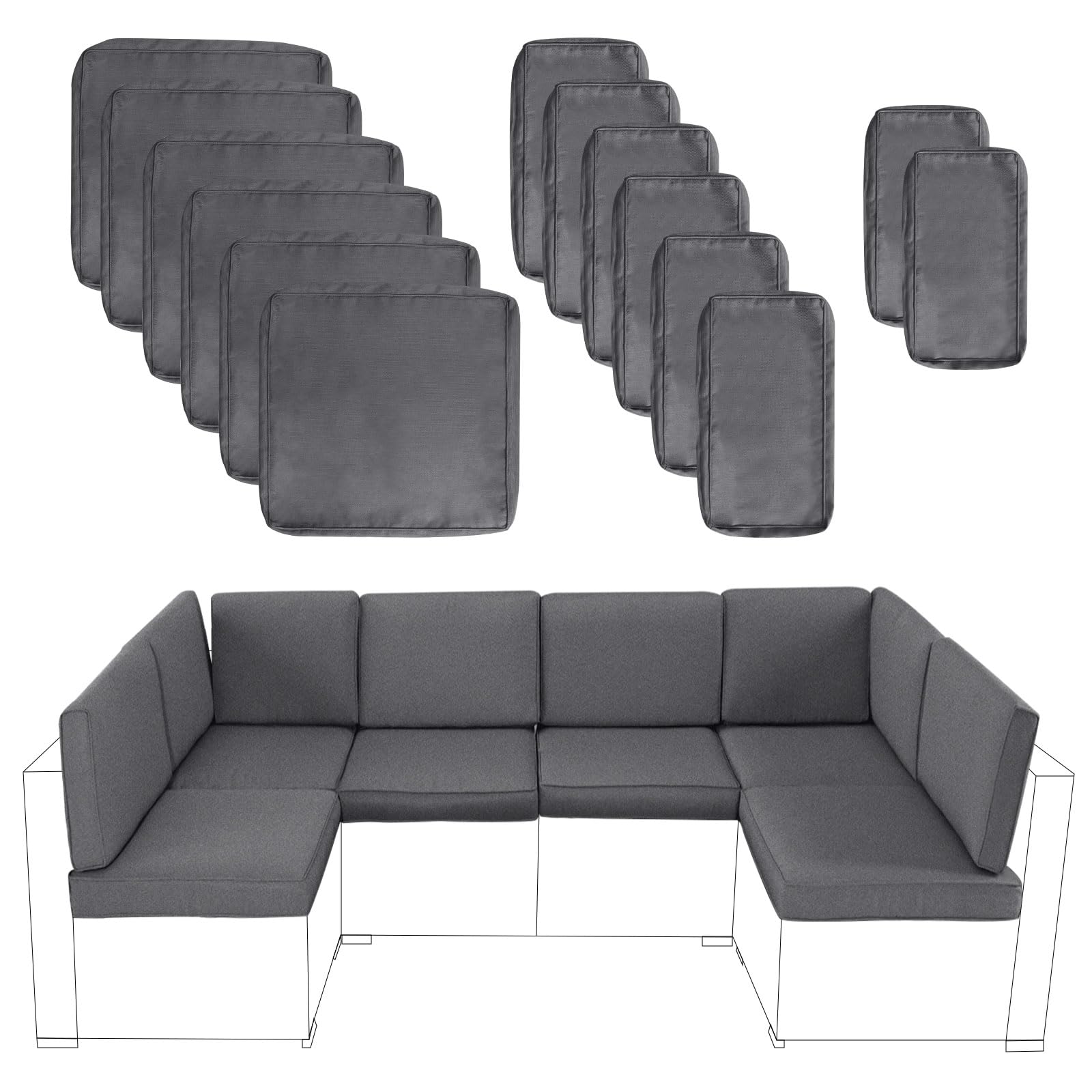 Crownland 14-Piece Outdoor Patio Furniture Cushion Covers Set - 6 Seat Cushion Covers & 8 Back Covers with Zipper Design, Waterproof & UV-Resistant for Sofa, Couch Replacement (Grey) - Perfect for Backyard, Deck, Poolside & Garden Furniture Protection