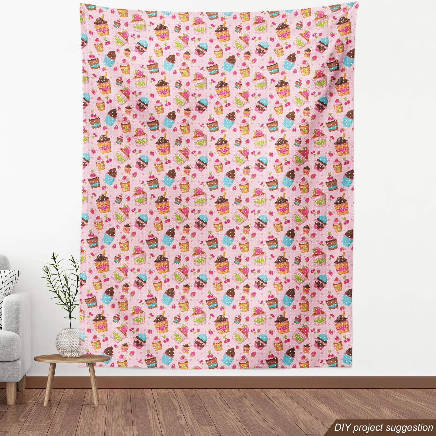 Ambesonne Pink Fabric by The Yard - Kitchen Cupcakes Muffins Strawberries & Cherries Food Print - Decorative Upholstery Fabric for Sofa, Curtains, Pillows - 10 Yards Pink Brown - Perfect for Home Decor, DIY Projects & Crafting