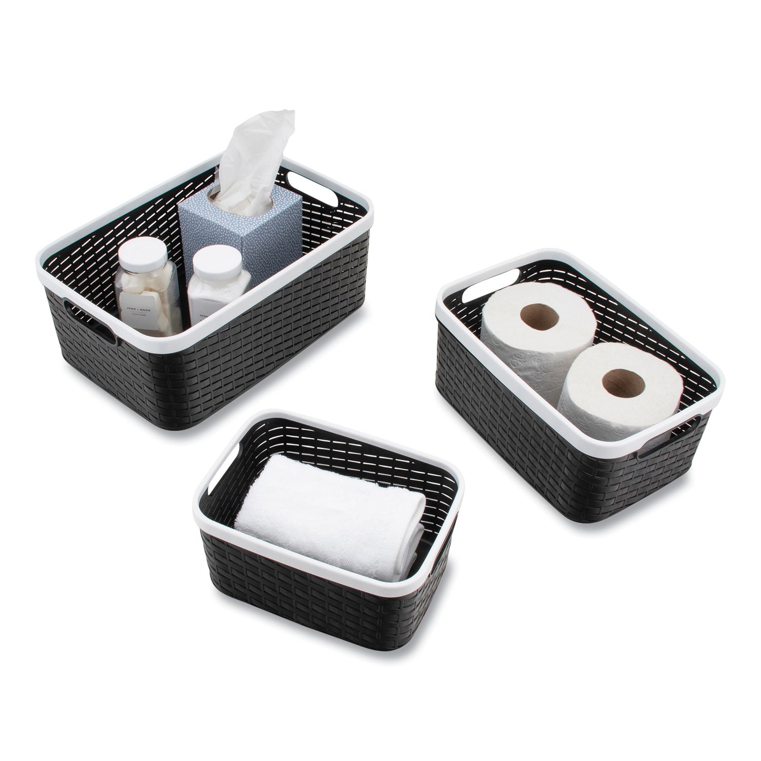 Advantus Open Lid Storage Bin Set - 3 Pack, Black & White, Assorted Sizes for Home Organization, Office Supplies, and Craft Room Storage