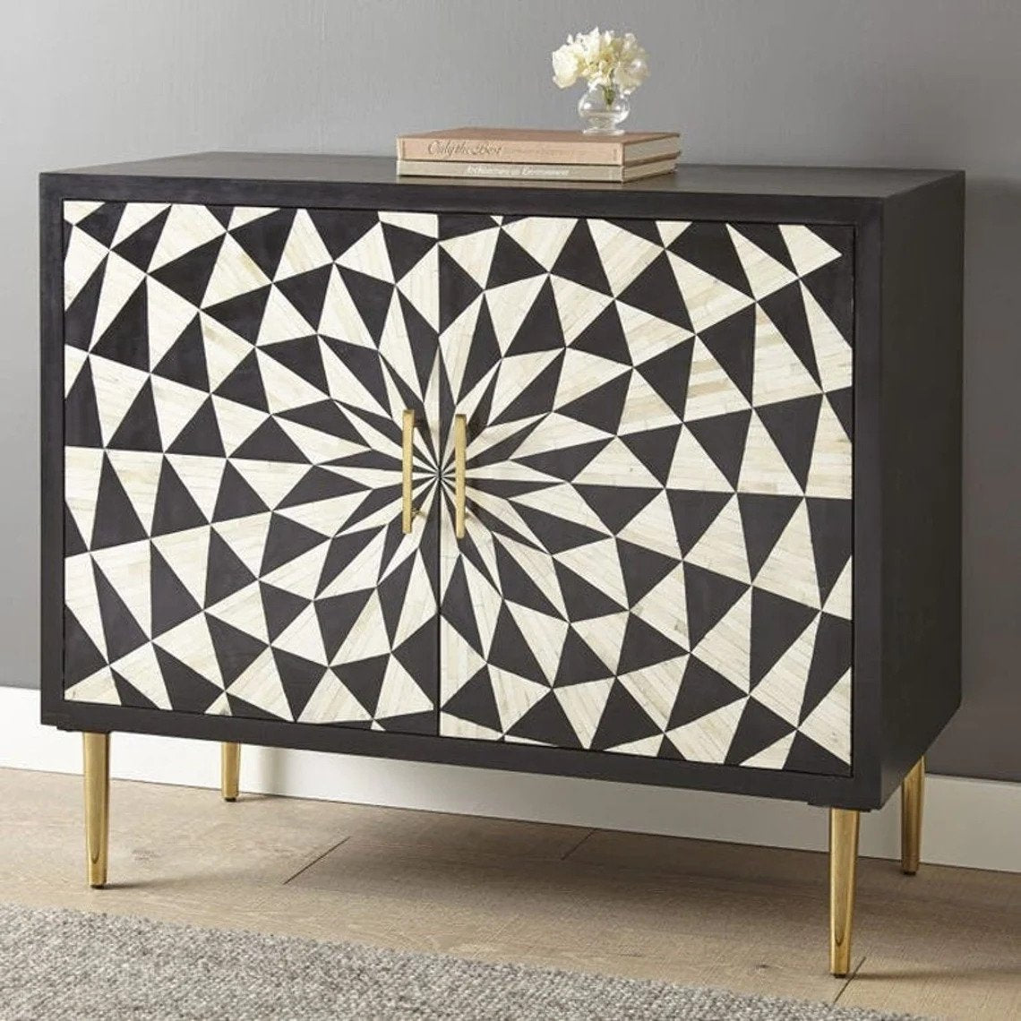 Handmade Black and White Bone Inlay Entryway Bar Cabinet with Two Doors - Stylish Storage for Liquor, Glassware & Home Decor in Hallway, Living Room or Dining Area