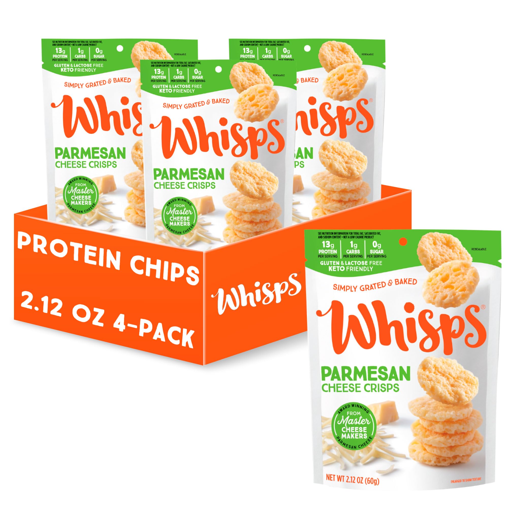 Whisps Parmesan Cheese Crisps - High Protein, Low Carb Keto Snacks | Gluten Free Protein Chips | Healthy On-the-Go Snack for Work, Travel & Weight Loss (2.12 Oz, 4 Pack)