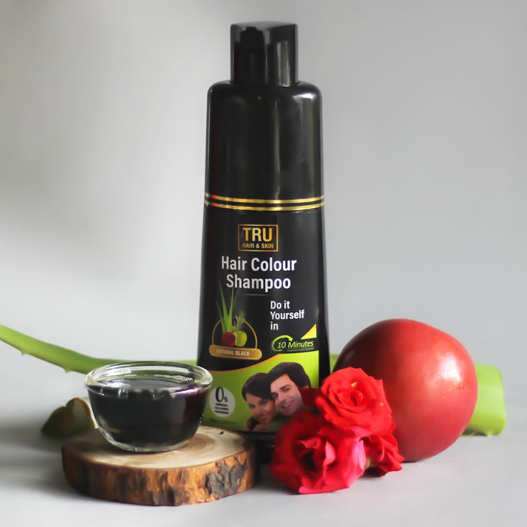 TRU HAIR & SKIN Black Hair Color Shampoo for Men & Women - Natural Grey Coverage in 10 Minutes with Almond Oil & Henna | Sulfate-Free, Organic Formula for Head, Beard & Mustache | Gentle, Safe Hair Dye Alternative (100ml) - Perfect for At-Home Hair Coloring & Touch-Ups Between Salon Visits
