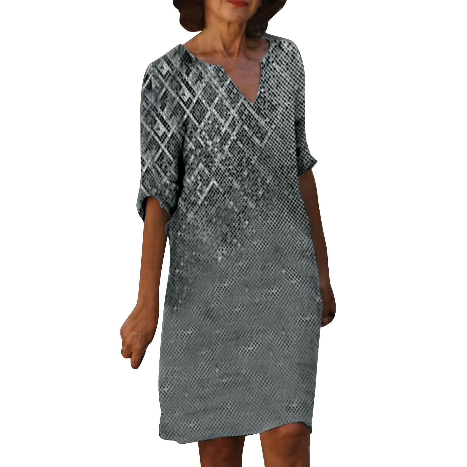 Twoker Women's Summer Linen Dress - Half Sleeve O-Neck Floral Print Shift Dress, Knee-Length Casual Dress for Beach, Vacation & Daily Wear