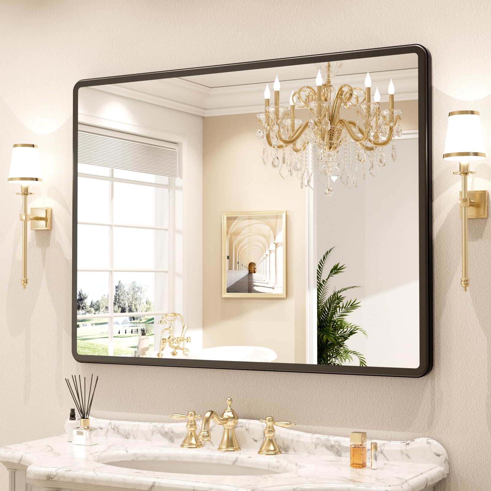 40x30 Inch Black Metal Frame Wall Mounted Bathroom Mirror - Rounded Rectangle Vanity Mirror with Tempered Glass for Bathroom, Bedroom & Living Room | Perfect for Modern Home Decor, Makeup Application and Space Enhancement