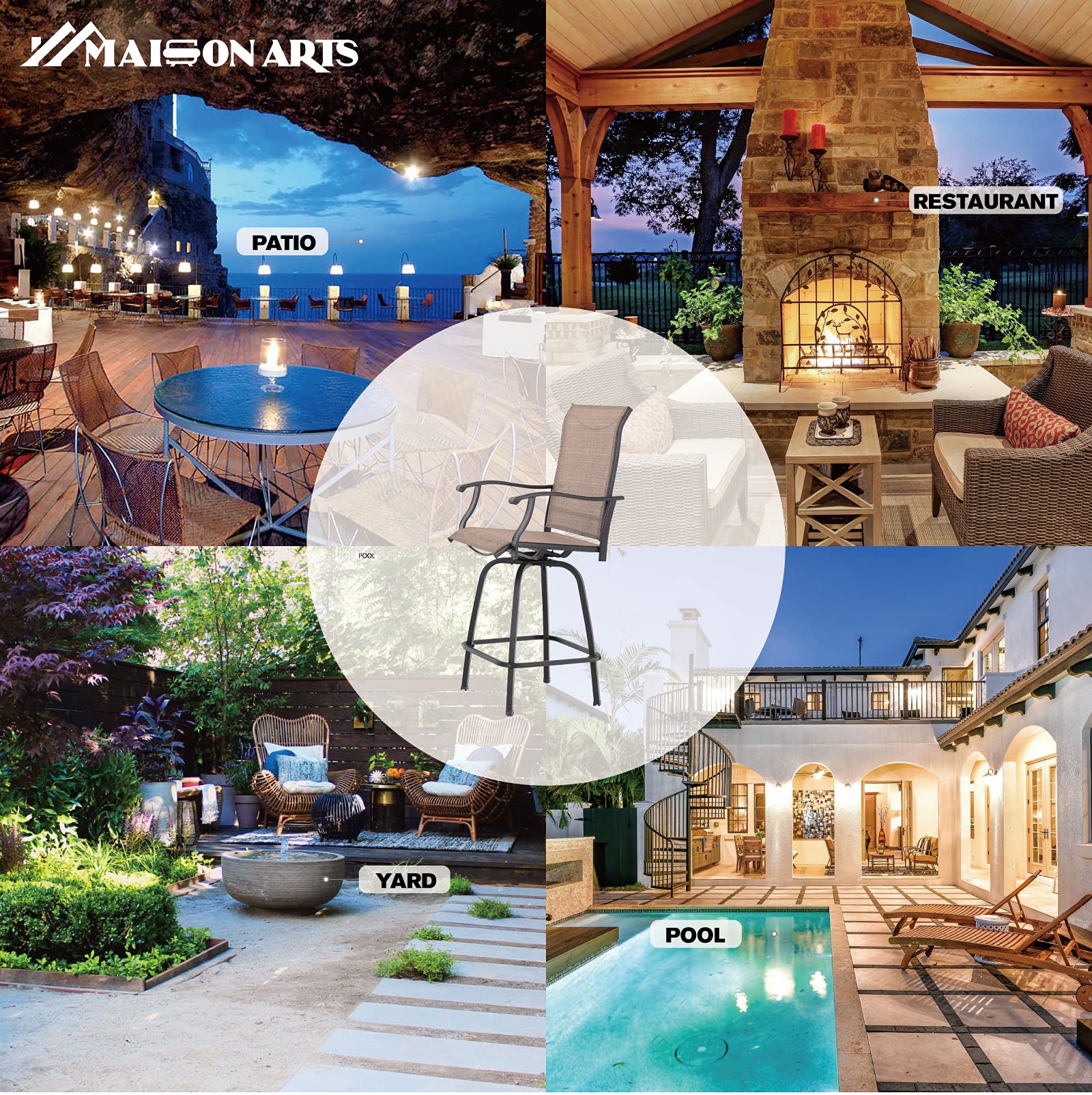 MAISON ARTS Patio Chairs Set of 2 - Swivel Outdoor Bar Stools with High Back, 300 lbs Capacity Bar Height Patio Furniture for Deck, Backyard, Garden - Perfect for Outdoor Dining, Lounging, and Entertaining