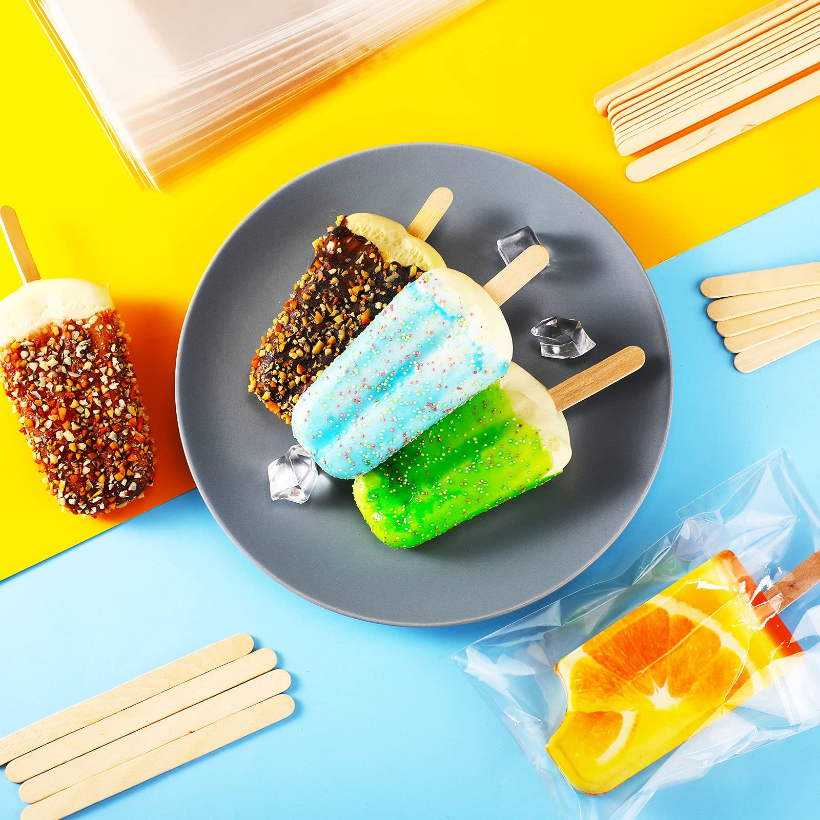 400 Pcs Ice Cream Sticks & Bags Kit - 300 Self-Adhesive Clear Pop Bags + 100 Wooden Sticks for DIY Ice Cream, Summer Parties & Frozen Treats | Perfect for Dessert Making, School Events & Birthday Celebrations