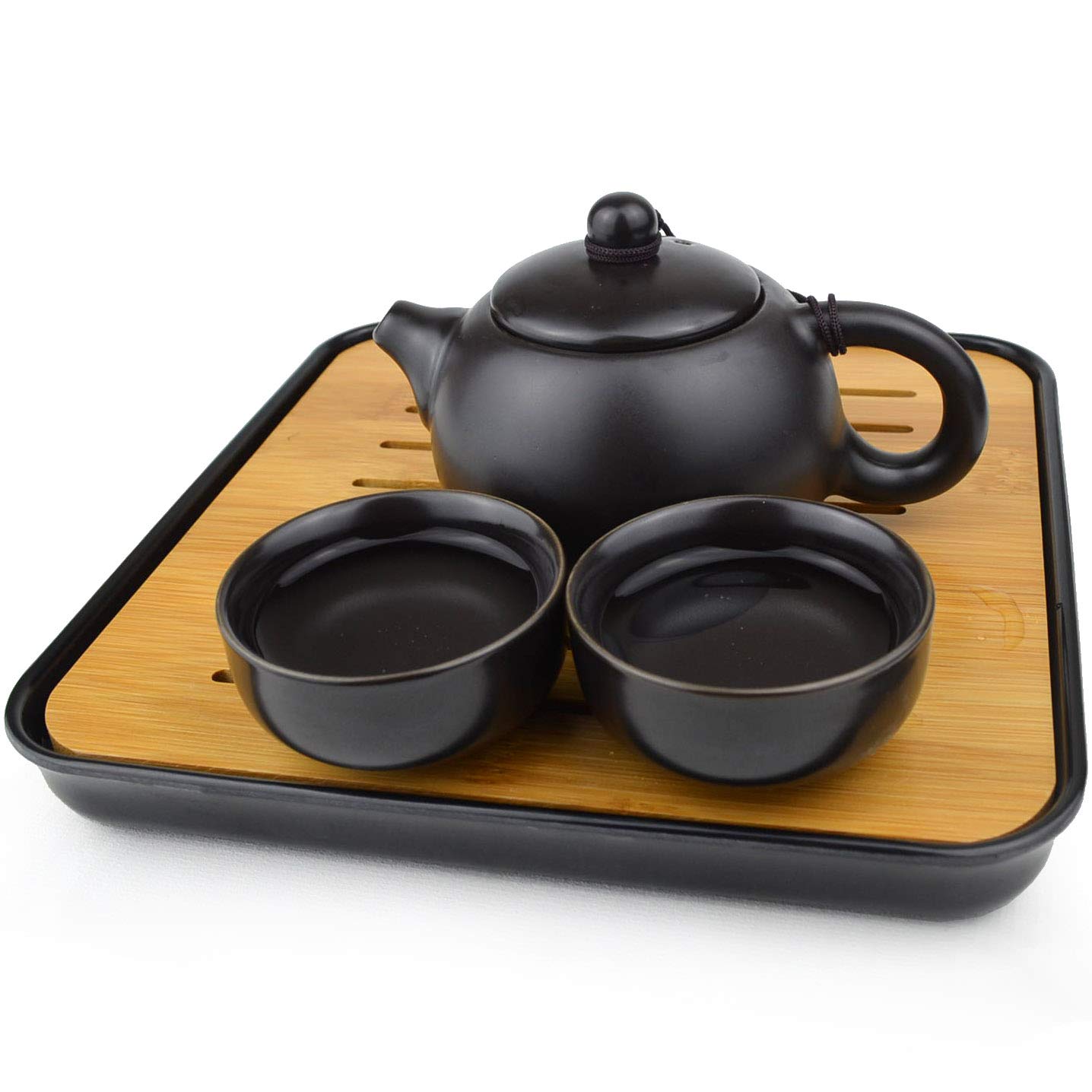 Premium Chinese Ceramic Teapot Set - White, Cyan & Black Travel Xishi Pot with 2 Cups (Black 1 Pot 2 Cups) | Portable Tea Brewing Kit for Home, Office & Outdoor Picnics
