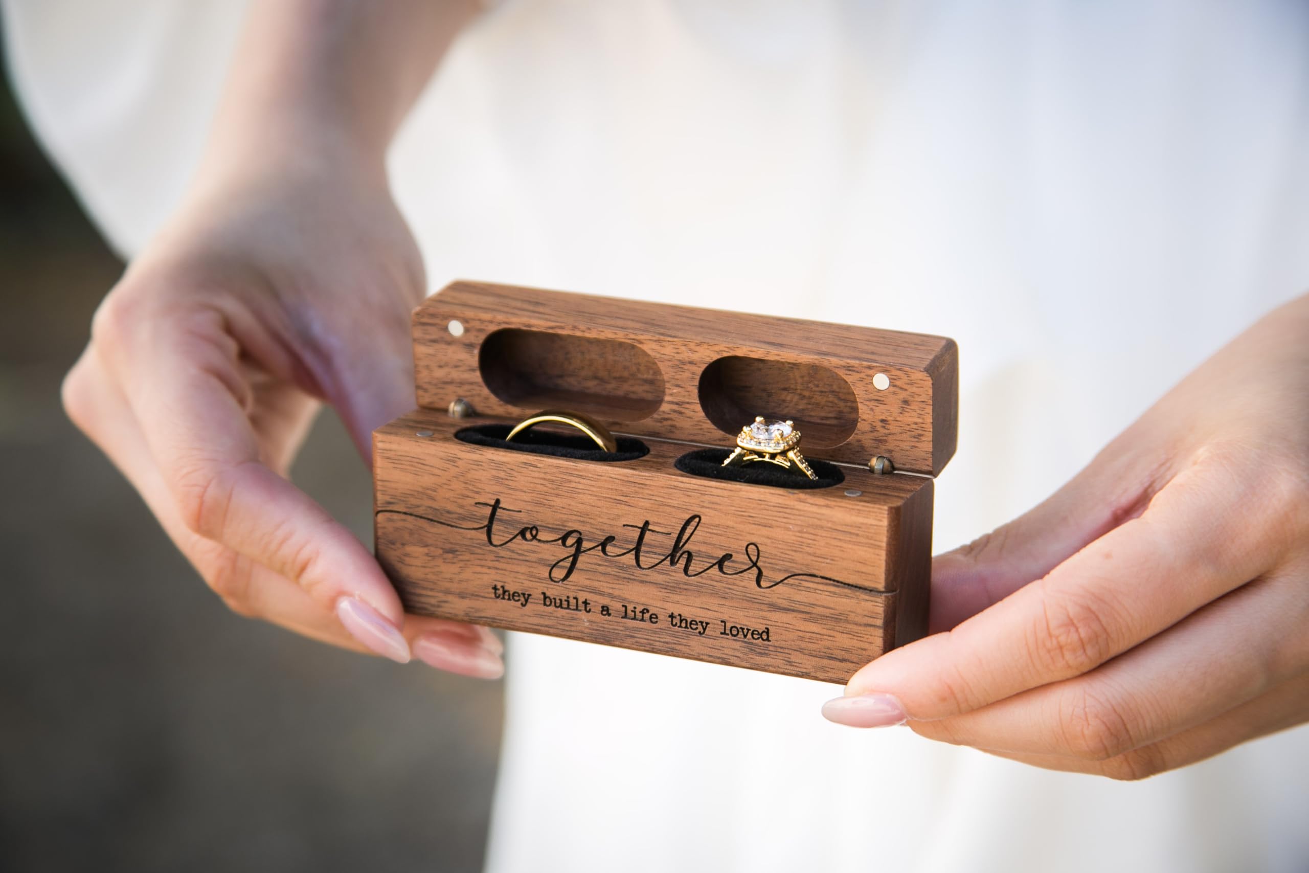 Engraved Slim Wooden Ring Box - Double Ring Holder for Wedding, Engagement & Proposal - Anniversary & Birthday Gift Idea - Perfect for Ring Bearers & Romantic Occasions
