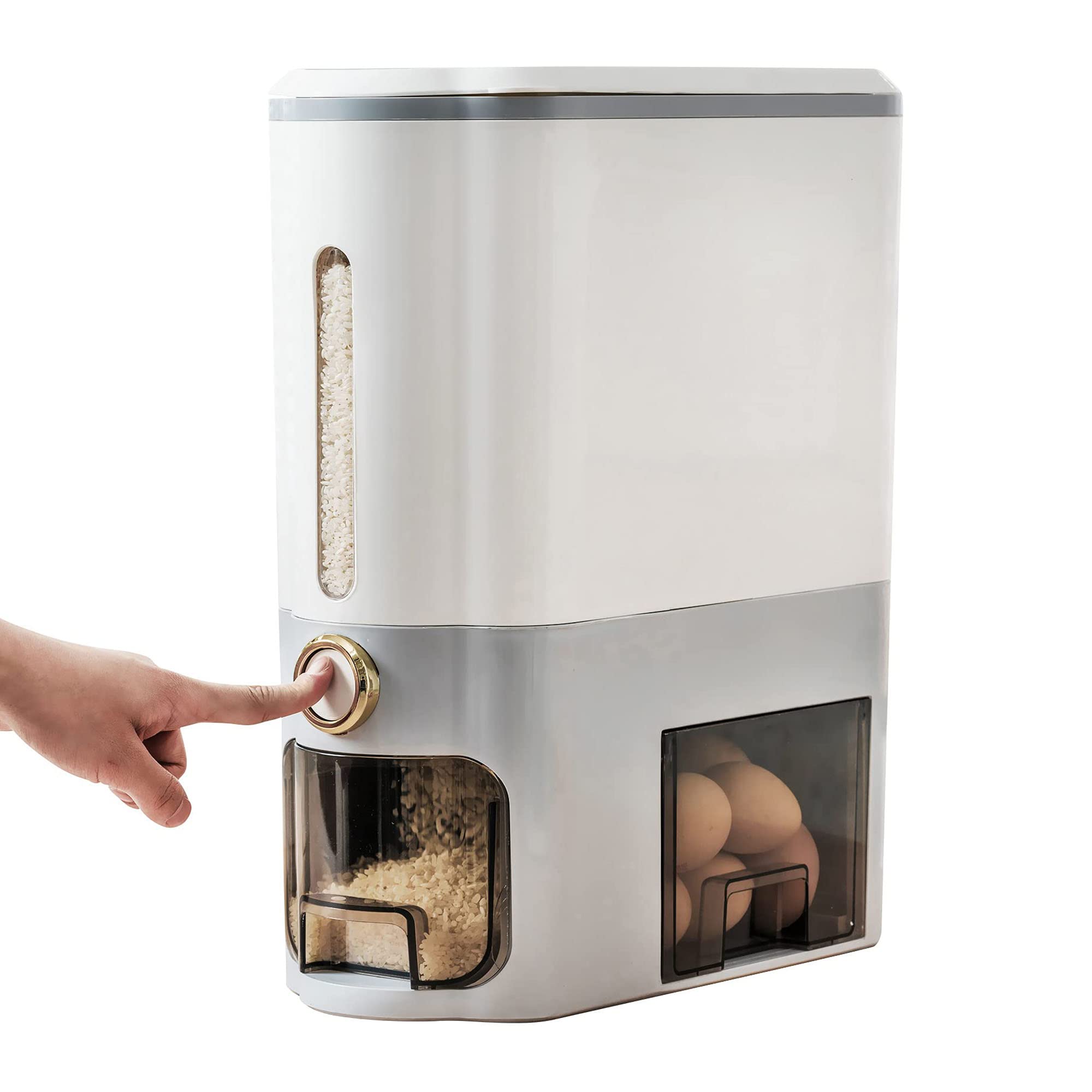 22lbs Automatic Rice Dispenser & Cereal Storage Container - Airtight Kitchen Grain Bucket with Lid for Rice, Flour, Pasta - Perfect Countertop Dry Food Organizer for Pantry, Kitchen & Dining Room (Gray)