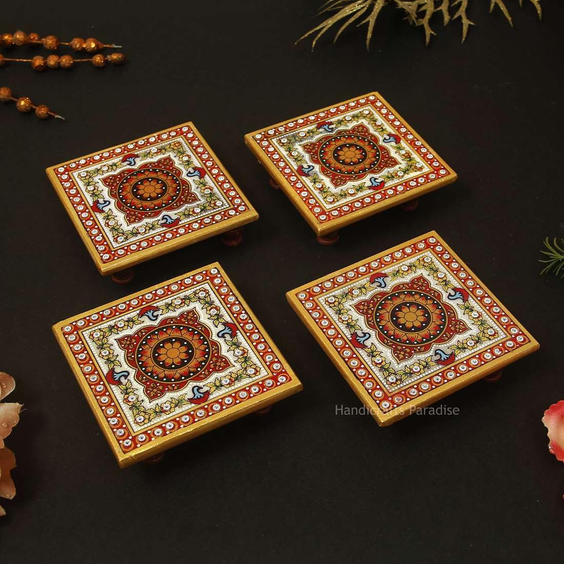 Handcrafted Marble Chowki Set of 4 Pieces with Intricate Floral Design - Perfect for Indian Weddings, Pooja Ceremonies & Home Decor