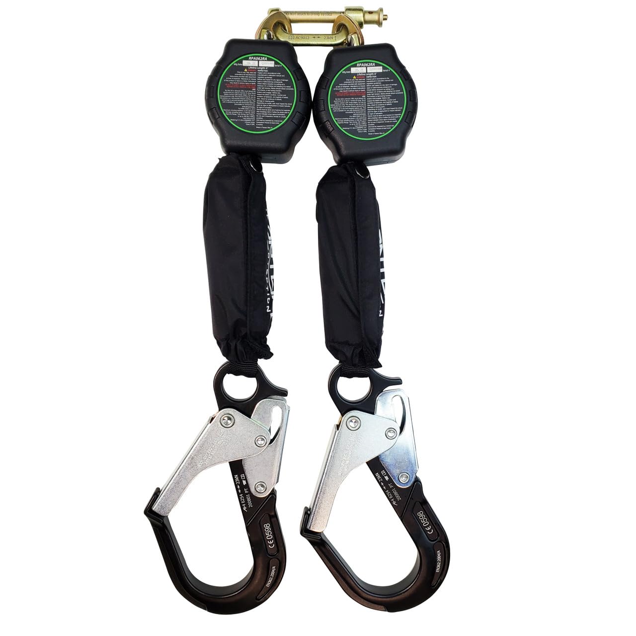 Frontline RPA062RA 6-Foot Aramid Web Twin Leg Self-Retracting Lifeline with Aluminum Rebar Hook Ends | 310 lbs Capacity | Lightweight & Durable Fall Protection Equipment | Aramid Fiber Webbing Safety Harness | ANSI & OSHA Compliant | ISO Certified | Ideal for Construction, Roofing & Industrial Work