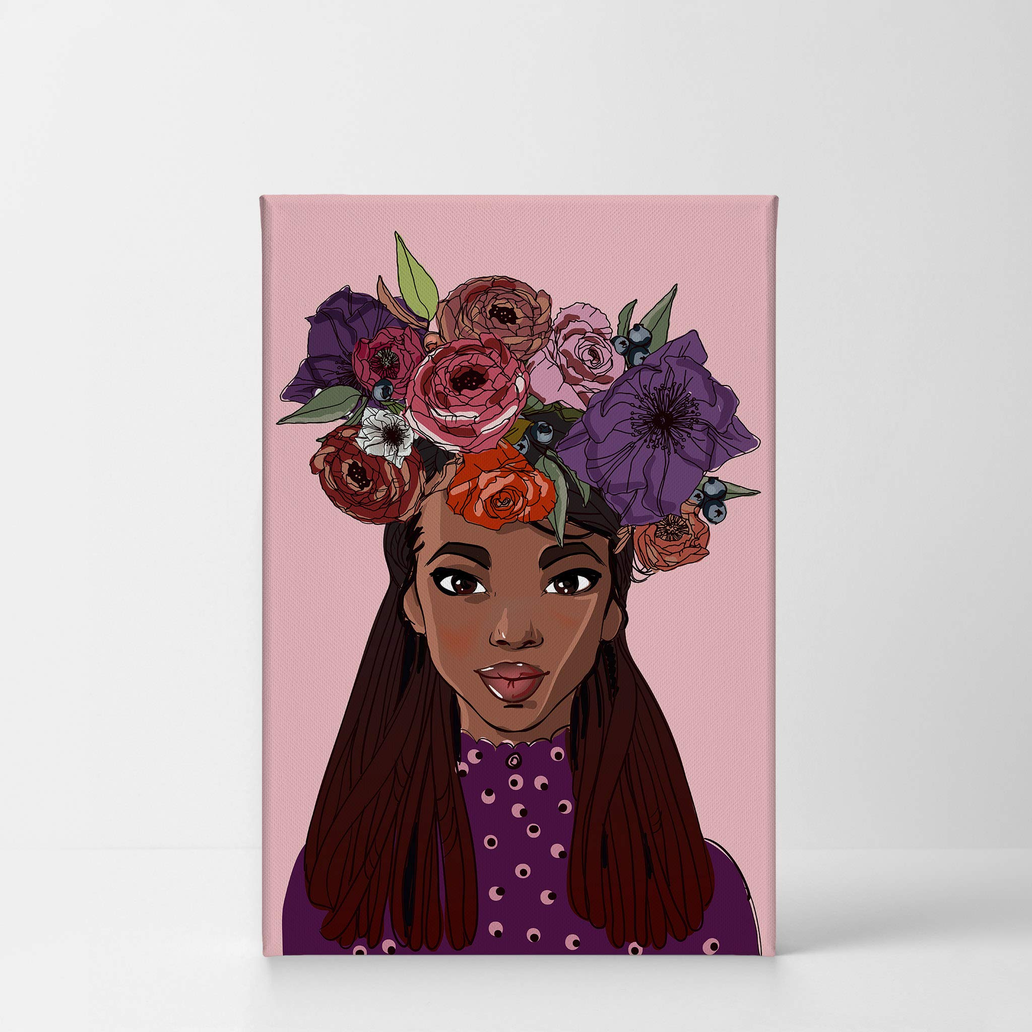 African American Girl Canvas Print - Purple Flower Crown Afro Kids Wall Art, Black Child Nursery Decor, Ready to Hang 40x30 - Perfect for Bedroom, Living Room & Classroom Decor