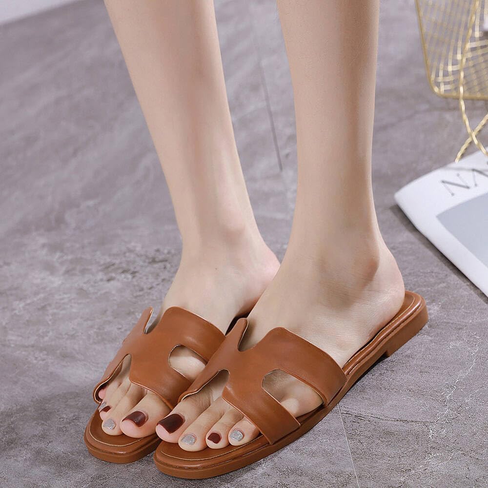 Women's Comfortable Leather H-Band Flat Sandals - Slip On Slides for Summer | Casual Walking, Beach Vacation & Everyday Wear
