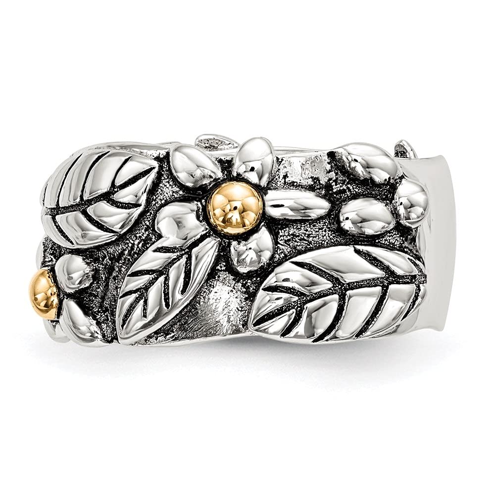 Antique Style Sterling Silver & 14k Gold Floral Leaf Band Ring for Women | Vintage Inspired Wedding, Engagement, Anniversary Jewelry Gift