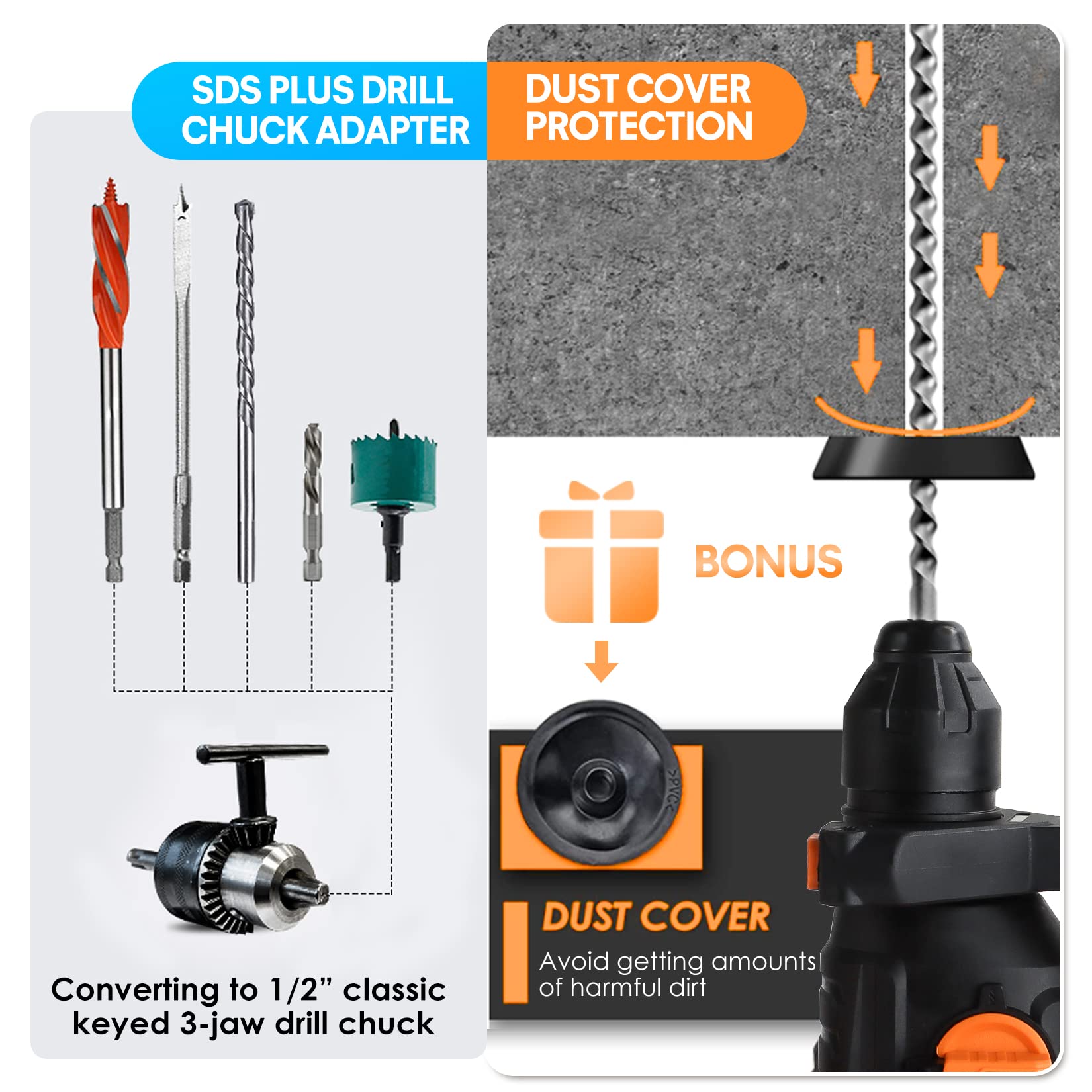 SHALL 1-1/4 Inch SDS Plus Rotary Hammer Drill - 1500W Heavy Duty Demolition Hammer with Speed Adjustment, 4 Functions & 3 Drill Bits - Includes Flat Chisel & Point Chisel (0-950 RPM) - Perfect for Concrete Drilling, Demolition Work & Masonry Projects