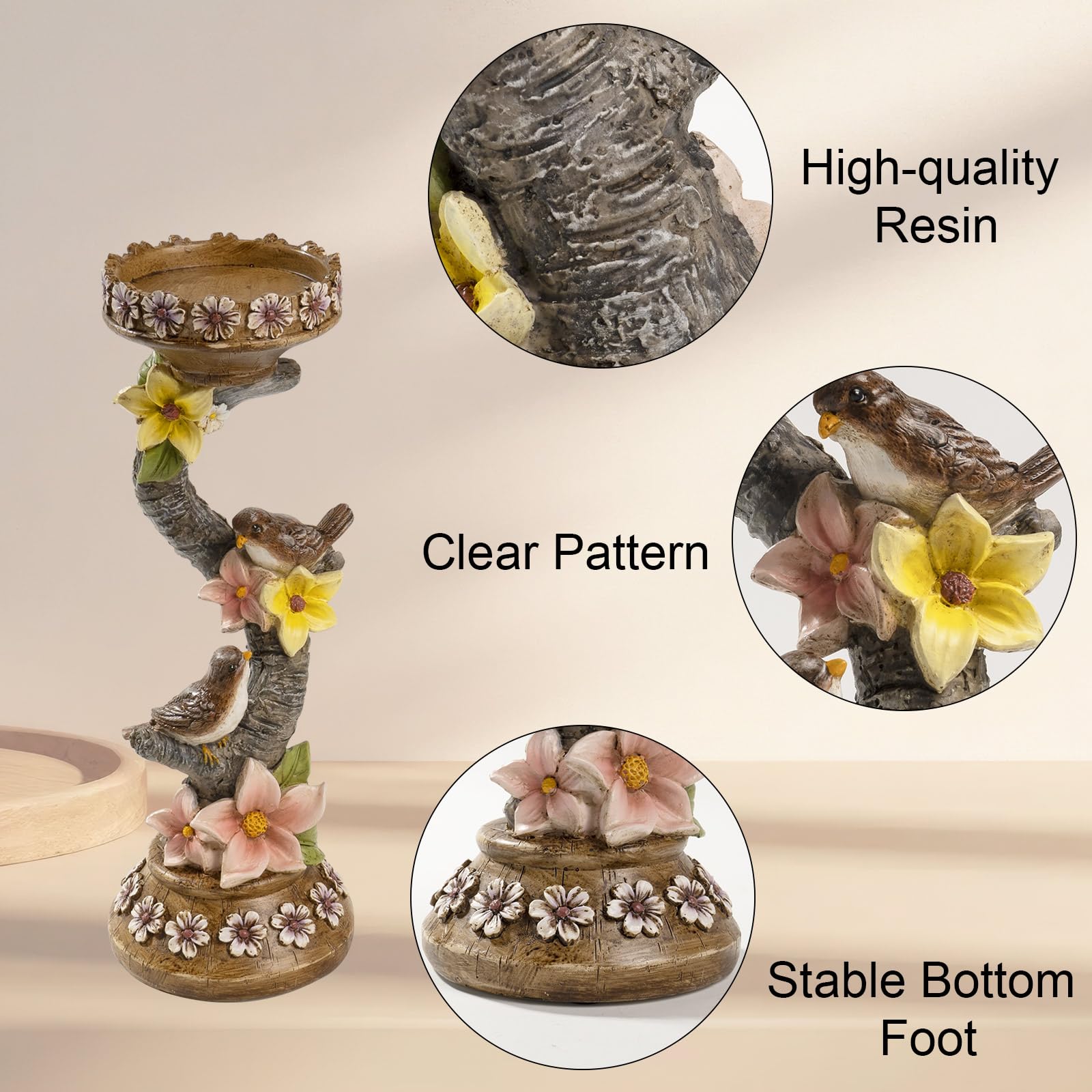 11.6in Resin Spring Figurine with Bird & Flower - Decorative Candle Holder for Pillar Candles, Home Mantel & Table Centerpiece - Perfect for Spring Home Decor, Easter Decorations & Seasonal Tablescapes