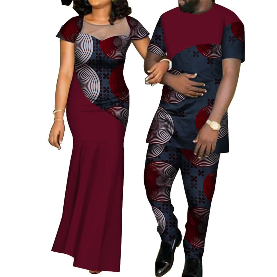 African Print Dresses for Women & Bazin Men's Shirt Pants Sets - Couple Matching Outfits with Yarn Dress Design (40FS1274, XXXL) for Weddings, Parties & Cultural Events