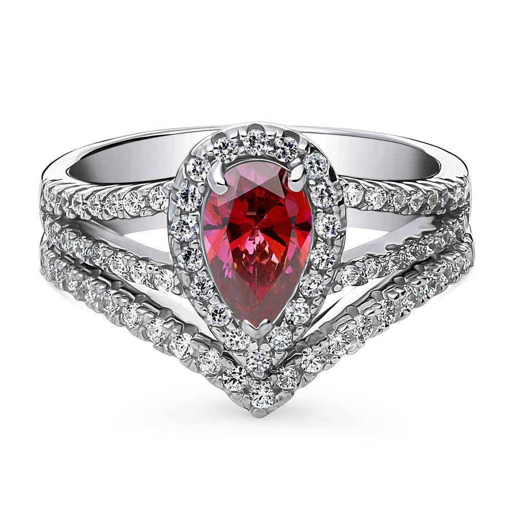 BERRICLE Sterling Silver Halo Wedding & Engagement Ring Set for Women - Red Pear Cut Cubic Zirconia CZ Wishbone Split Shank Design, Rhodium Plated (Size 4-10) | Perfect for Proposals, Anniversaries & Special Occasions