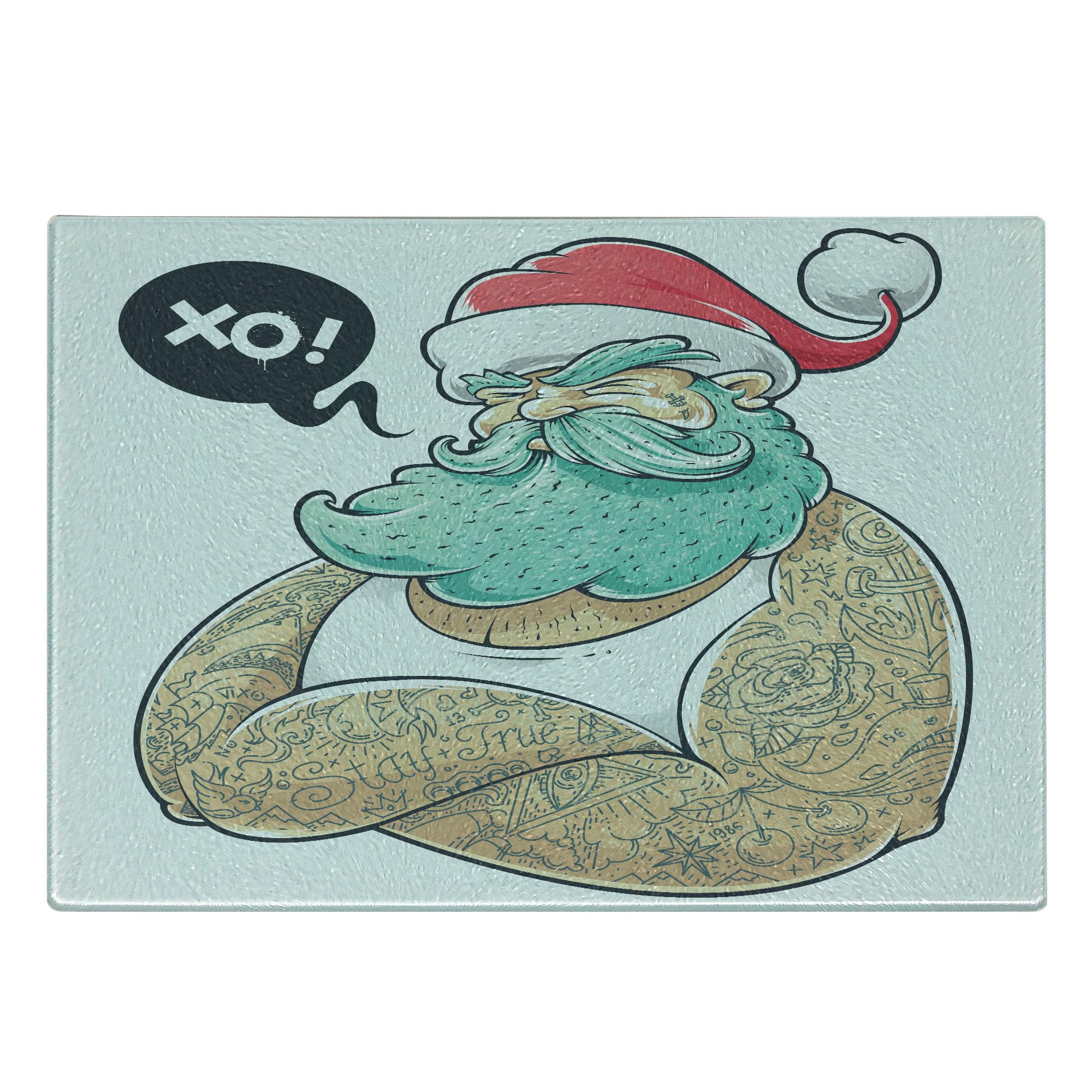 Lunarable Tattoo Themed Tempered Glass Cutting Board - Blue Santa with Beard & Tattoos Kiss Design - Decorative Serving Board for Kitchen & Dining - Small Size (Red, Blue, White) - Perfect for Holiday Parties, Gift Giving & Food Presentation