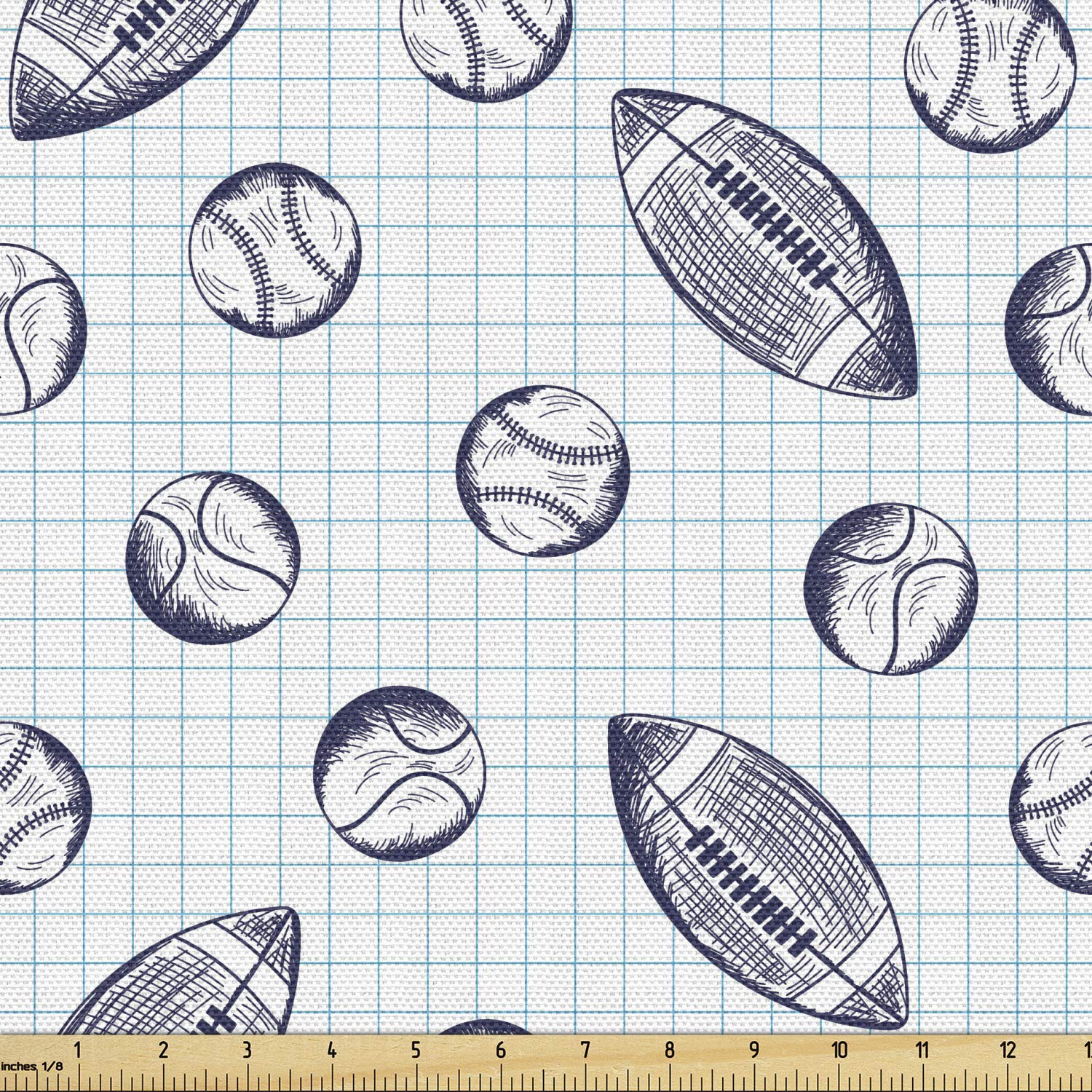 Ambesonne Baseball Themed Fabric by The Yard - Pigskin & Baseballs Checkered Pattern for Upholstery, DIY Projects, Home Decor - 10 Yards Indigo & Pale Blue - Perfect for Sports Room Decor, Tablecloths, Curtains, and Crafting