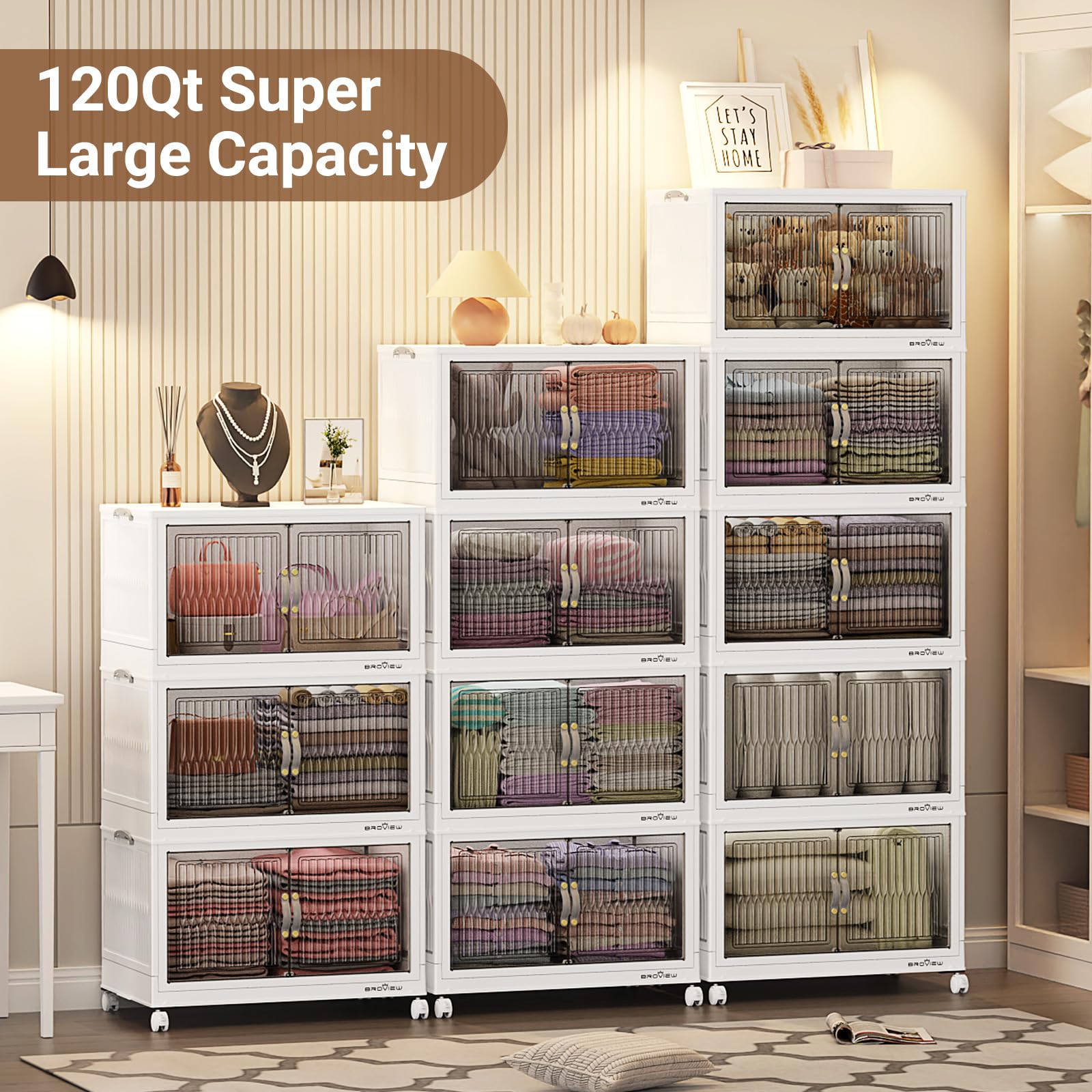 120 Qt Stackable Storage Bins with Lids - 4 Pack White Collapsible Storage Boxes with Wheels | Plastic Closet Organizer, Clothes Storage Cabinet & Drawer Containers for Home, Office & Garage Organization