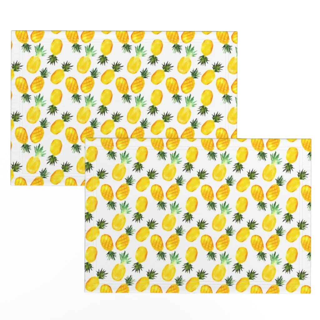 Linen Cotton Canvas Placemats Set of 2 - Watercolor Pineapple Tropical Print Table Mats for Summer Dining, Kitchen Decor, and Party Table Setting